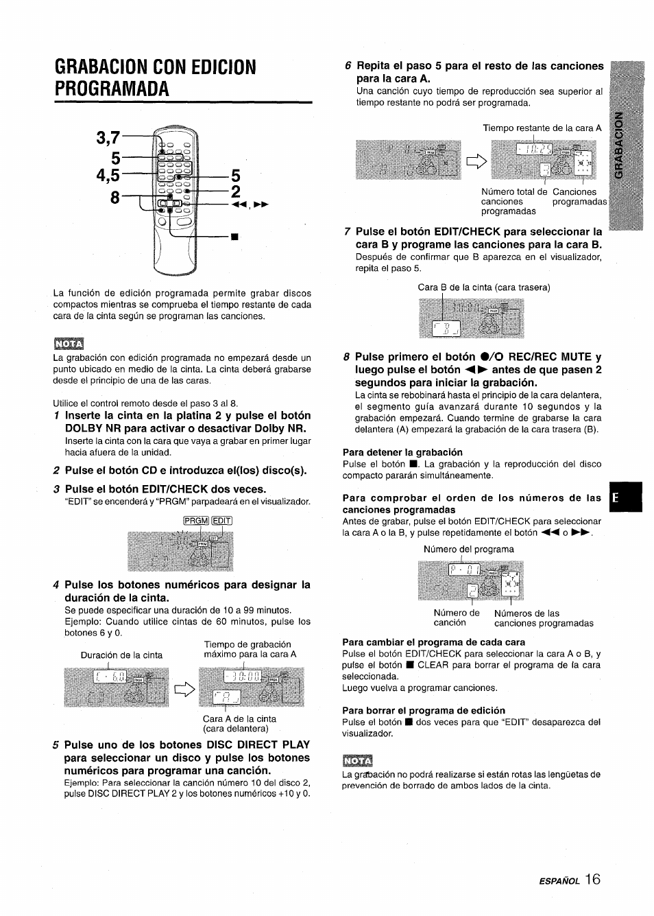 Grabacion con edicion programada, Para detener la grabación, Para cambiar el programa de cada cara | Para borrar el programa de edición | Aiwa NSX-AV900 User Manual | Page 43 / 80