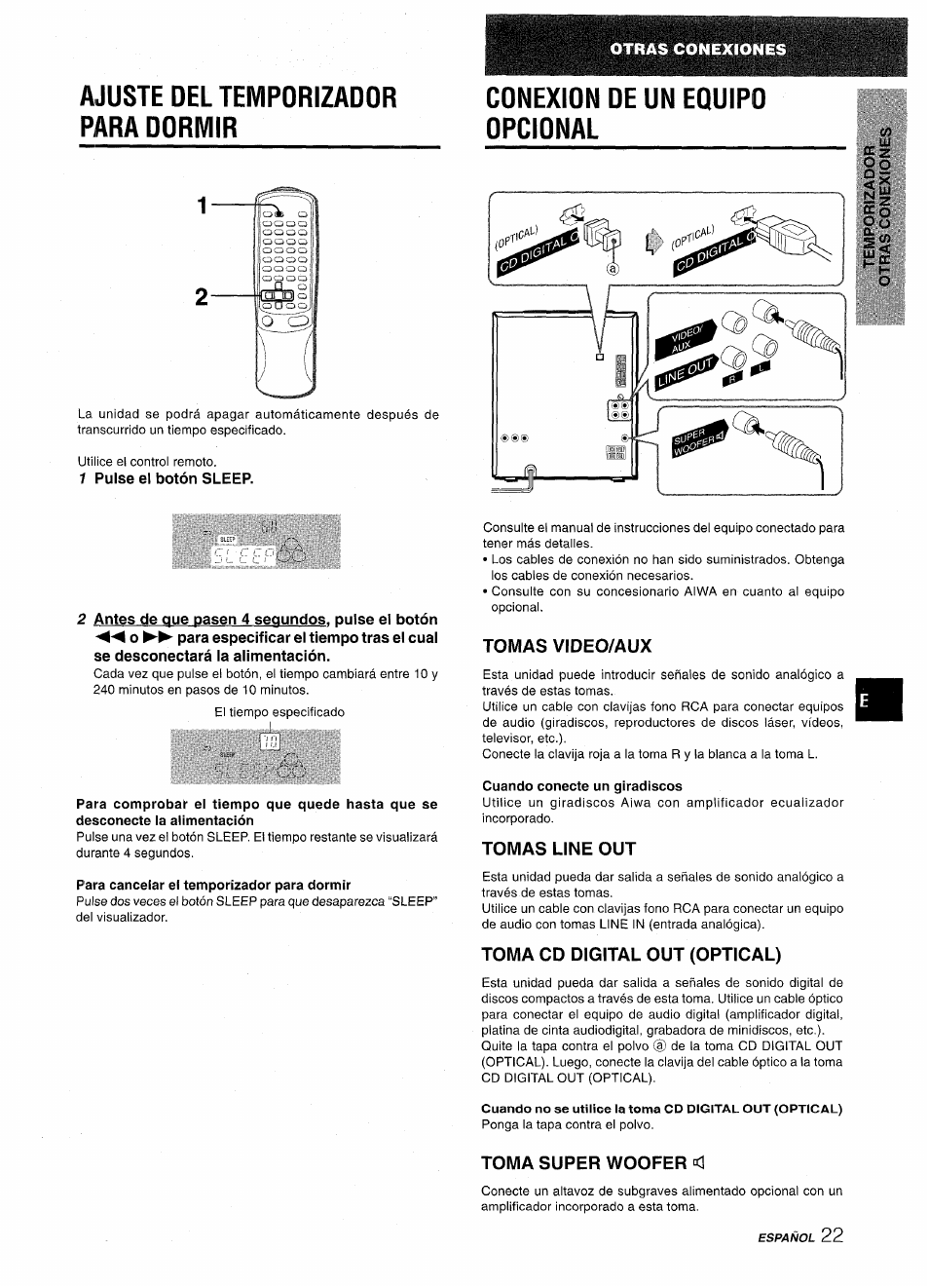 Ajuste del temporizador para dormir, 1 pulse el botón sleep, Conexion oe un equipo opcional | Tomas video/aux, Tomas line out, Toma cd digital out (optical), Toma super woofer <3, Conexion de un equipo opcional | Aiwa NSX-AV900 User Manual | Page 49 / 80