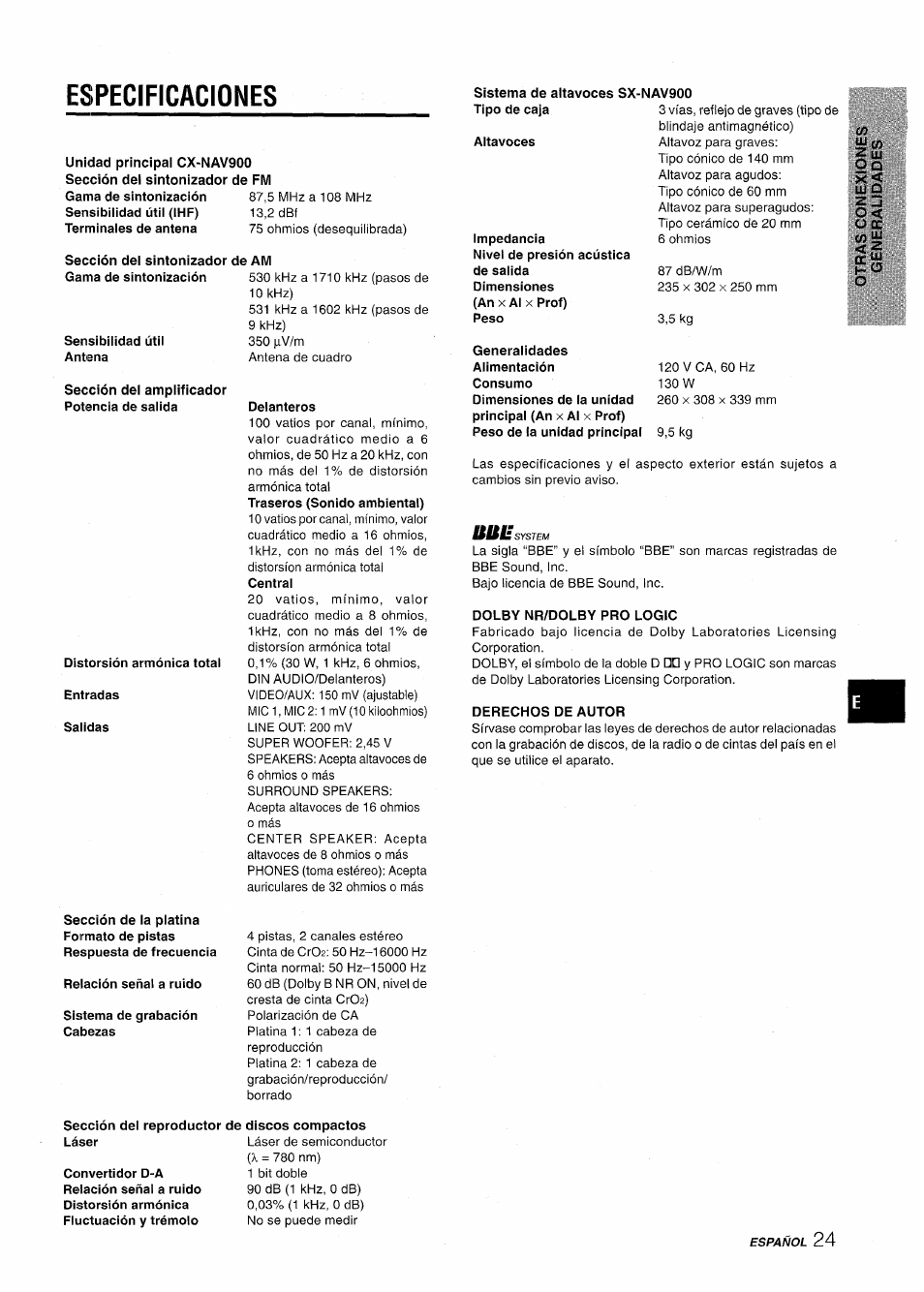 Especificaciones, Unidad principal cx-nav900, Sección del sintonizador de am | Sensibilidad útil antena, Sección del amplificador potencia de salida, Distorsión armónica total, Entradas, Salidas, Delanteros, Sistema de altavoces sx- tipo de caja | Aiwa NSX-AV900 User Manual | Page 51 / 80