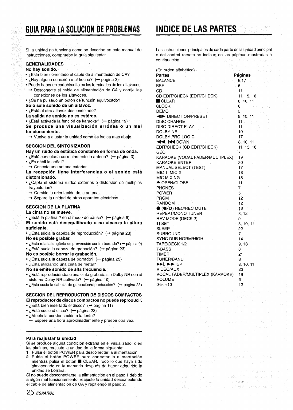 Generalidades no hay sonido, Seccion del sintonizador, Seccion de la platina la cinta no se mueve | Para reajustar la unidad | Aiwa NSX-AV900 User Manual | Page 52 / 80
