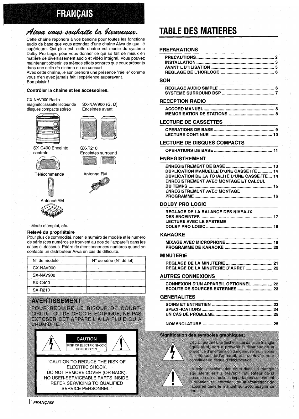 Français, Contrôler la chaîne et les accessoires, Table des matieres | Avertissement, Signification des symboles graphiques | Aiwa NSX-AV900 User Manual | Page 54 / 80