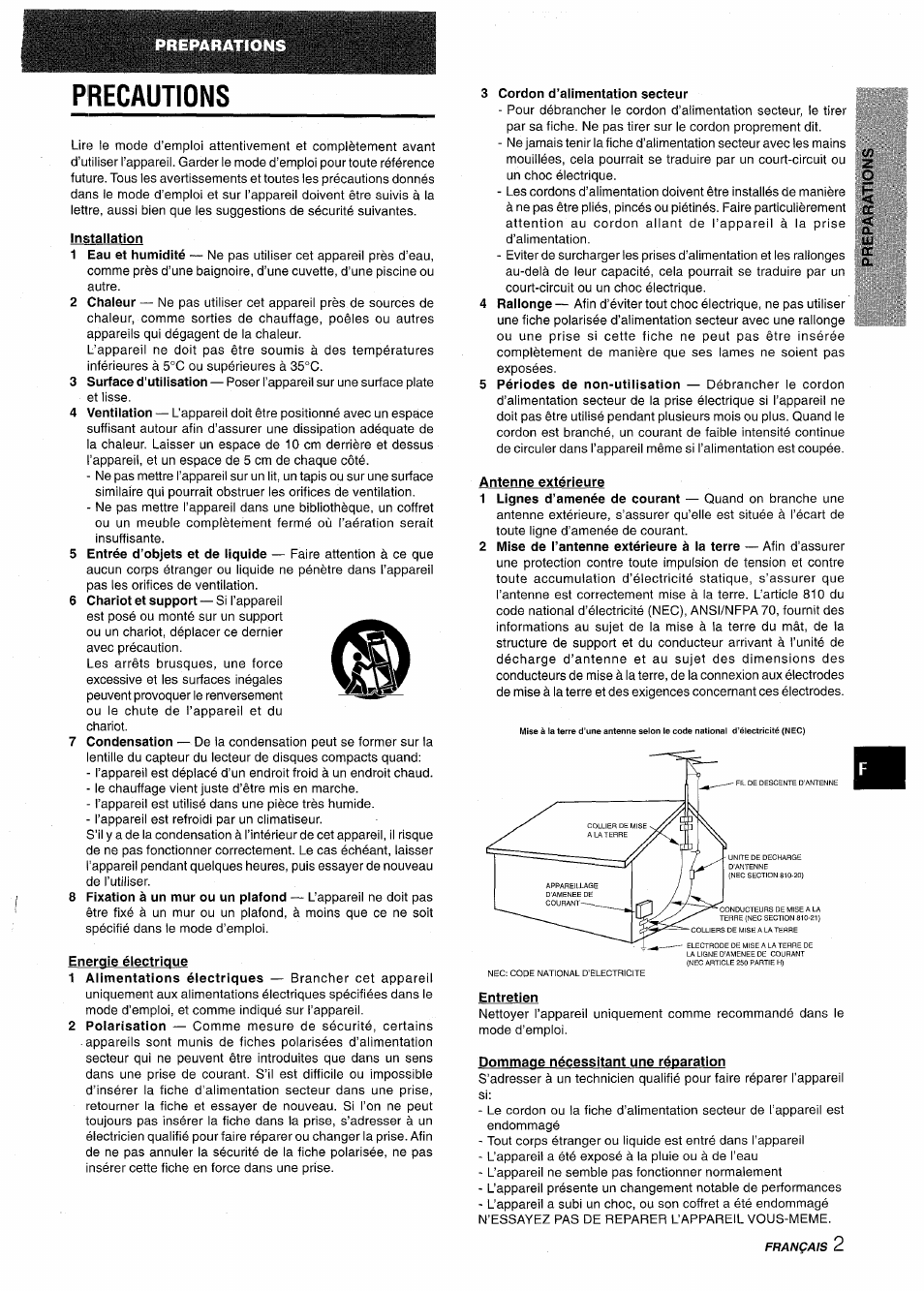 Installation, Energie électrique, 3 cordon d'alimentation secteur | Antenne extérieure, Entretien, Dommage nécessitant une réparation, Precautions | Aiwa NSX-AV900 User Manual | Page 55 / 80