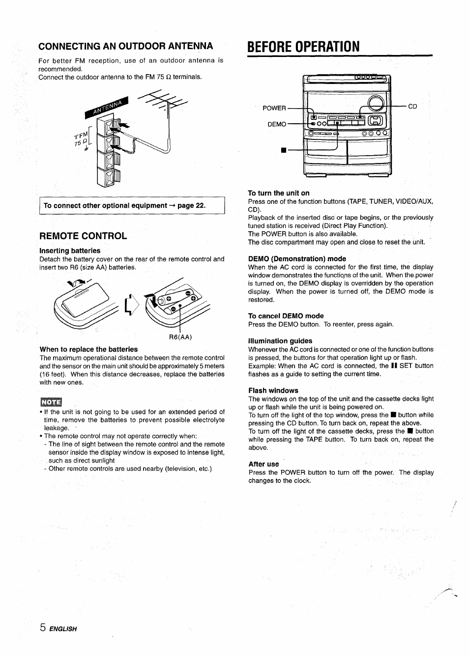 Connecting an outdoor antenna, Before operation, Remote control | Inserting batteries, When to repiace the batteries, To turn the unit on, Demo (demonstration) mode, To cancel demo mode, Illumination guides, Flash windows | Aiwa NSX-AV900 User Manual | Page 6 / 80