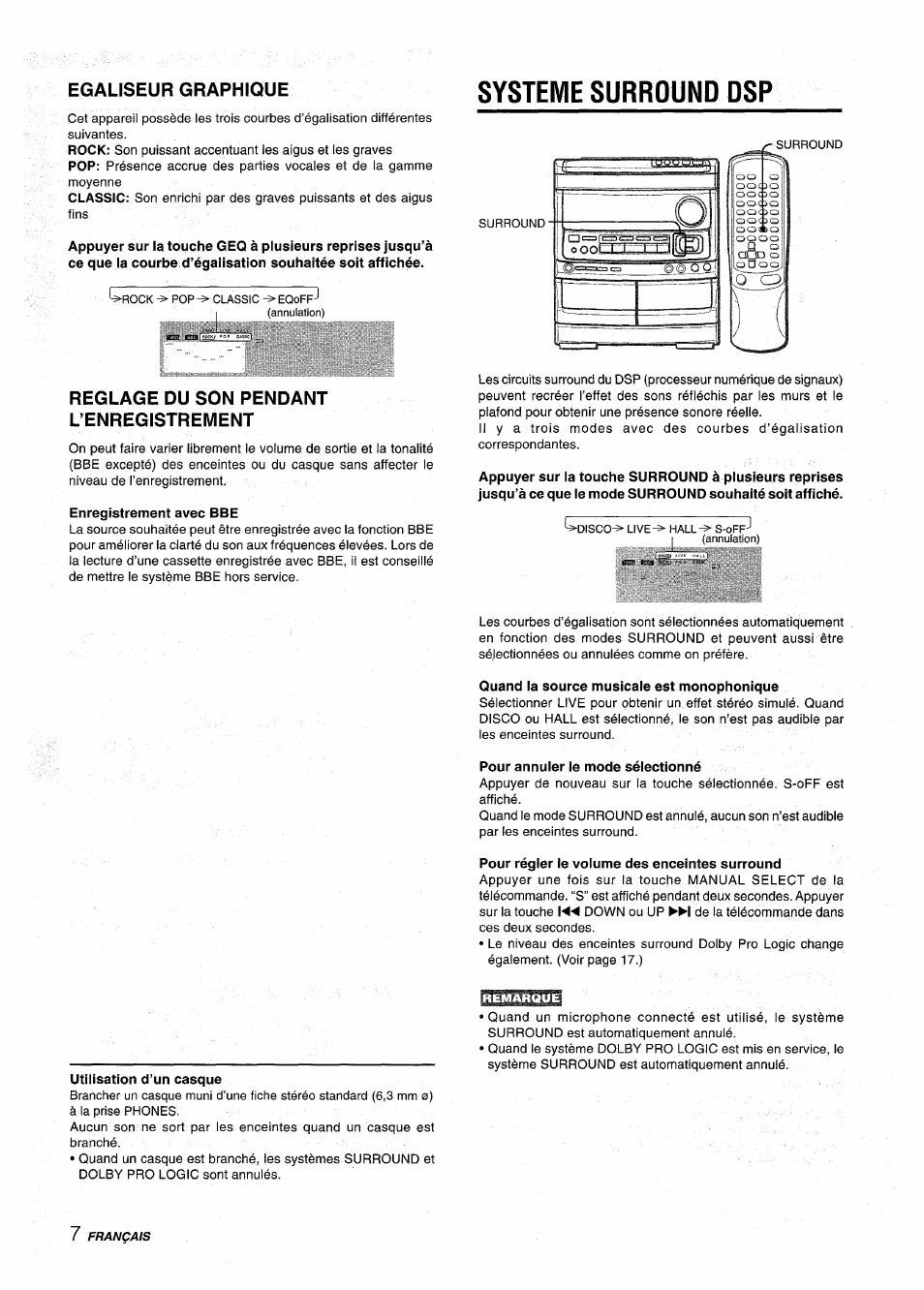 Egaliseur graphique, Reglage du son pendant l’enregistrement, Enregistrement avec bbe | Systeme surround dsp, Quand la source musicale est monophonique, Pour annuler le mode sélectionné, Pour régler le volume des enceintes surround | Aiwa NSX-AV900 User Manual | Page 60 / 80