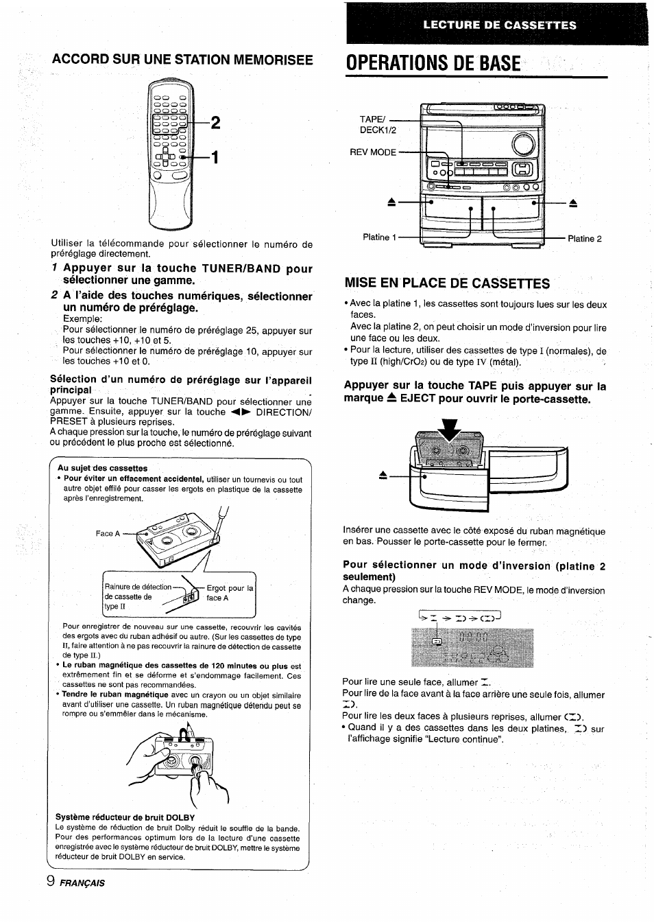 Mise en place de cassettes, Operations oe base | Aiwa NSX-AV900 User Manual | Page 62 / 80