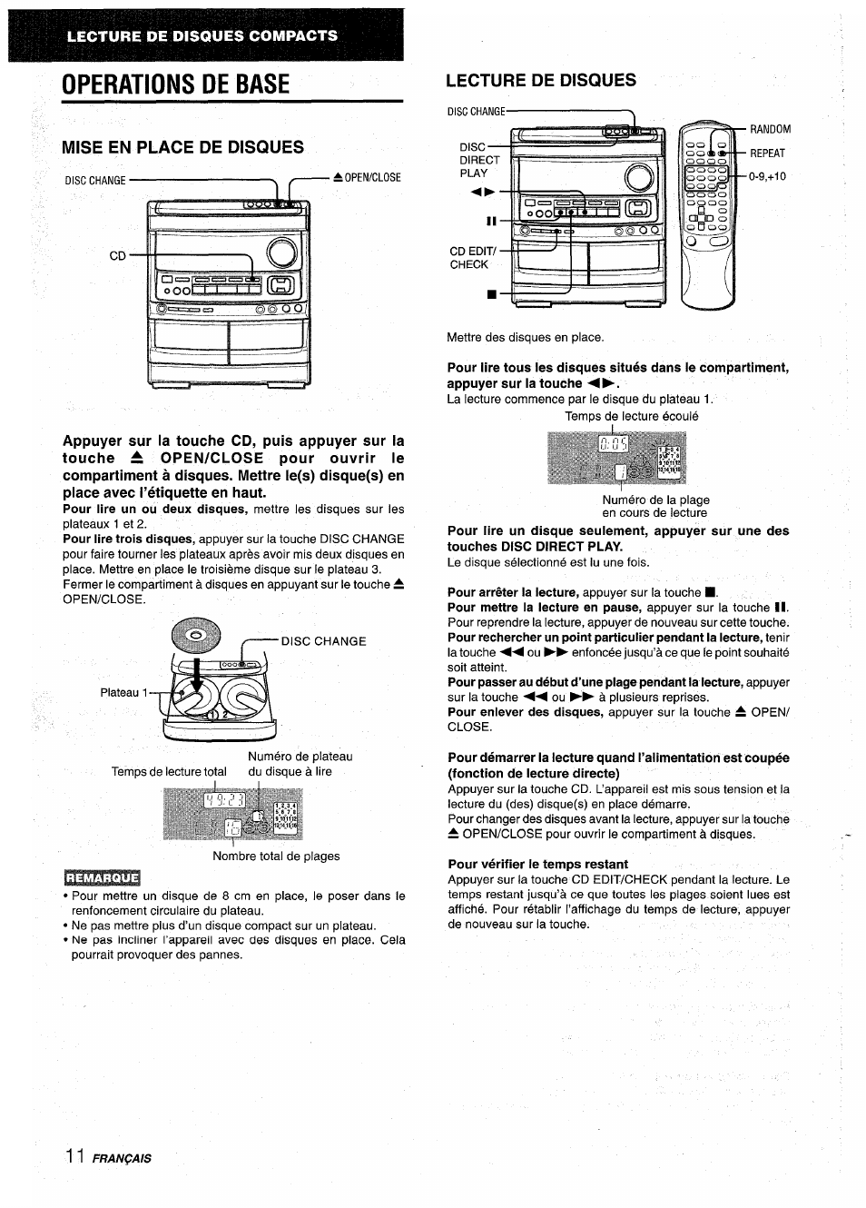 Operations oe base, Mise en place de disques, Pour vérifier le temps restant | Operations de base, Mise en place de disques lecture de disques | Aiwa NSX-AV900 User Manual | Page 64 / 80