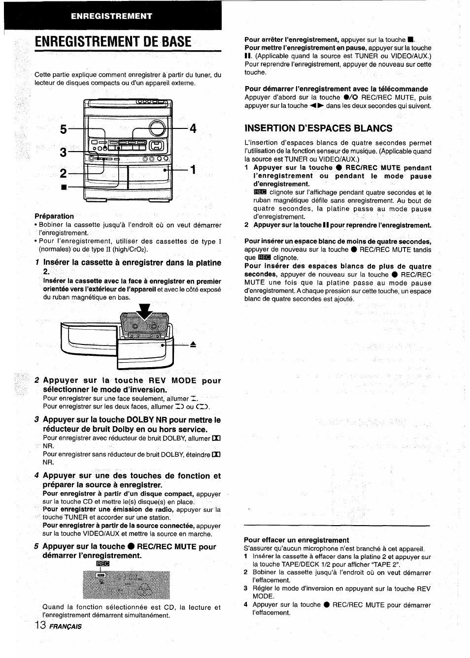 Enregistrement de base, Préparation, Insertion d’espaces blancs | Aiwa NSX-AV900 User Manual | Page 66 / 80