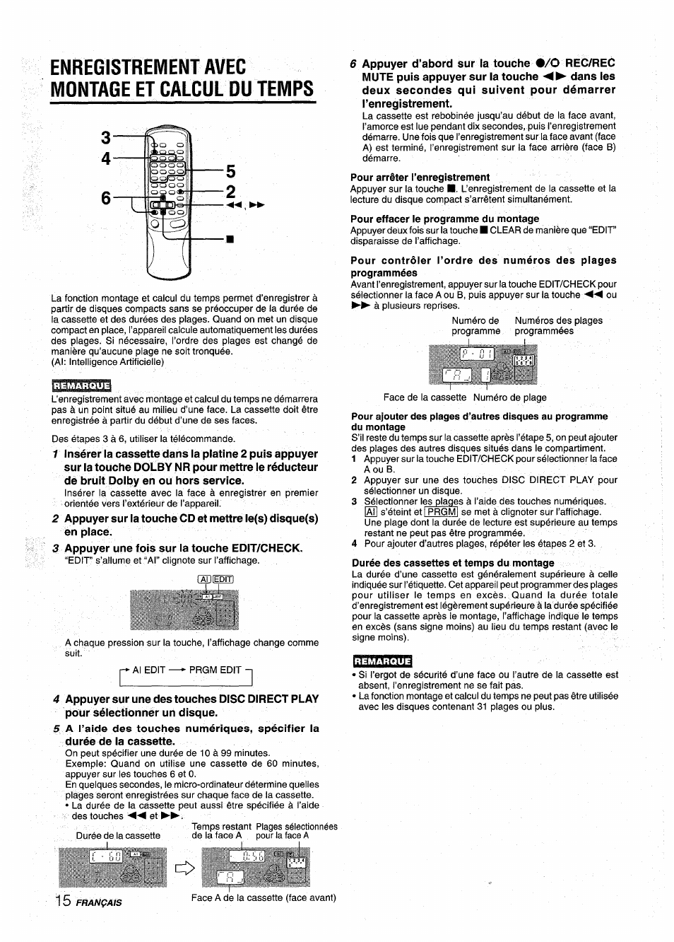Enregistrement avec montage et calcul du temps, Pour effacer le programme du montage, Remarque | Durée des cassettes et temps du montage | Aiwa NSX-AV900 User Manual | Page 68 / 80