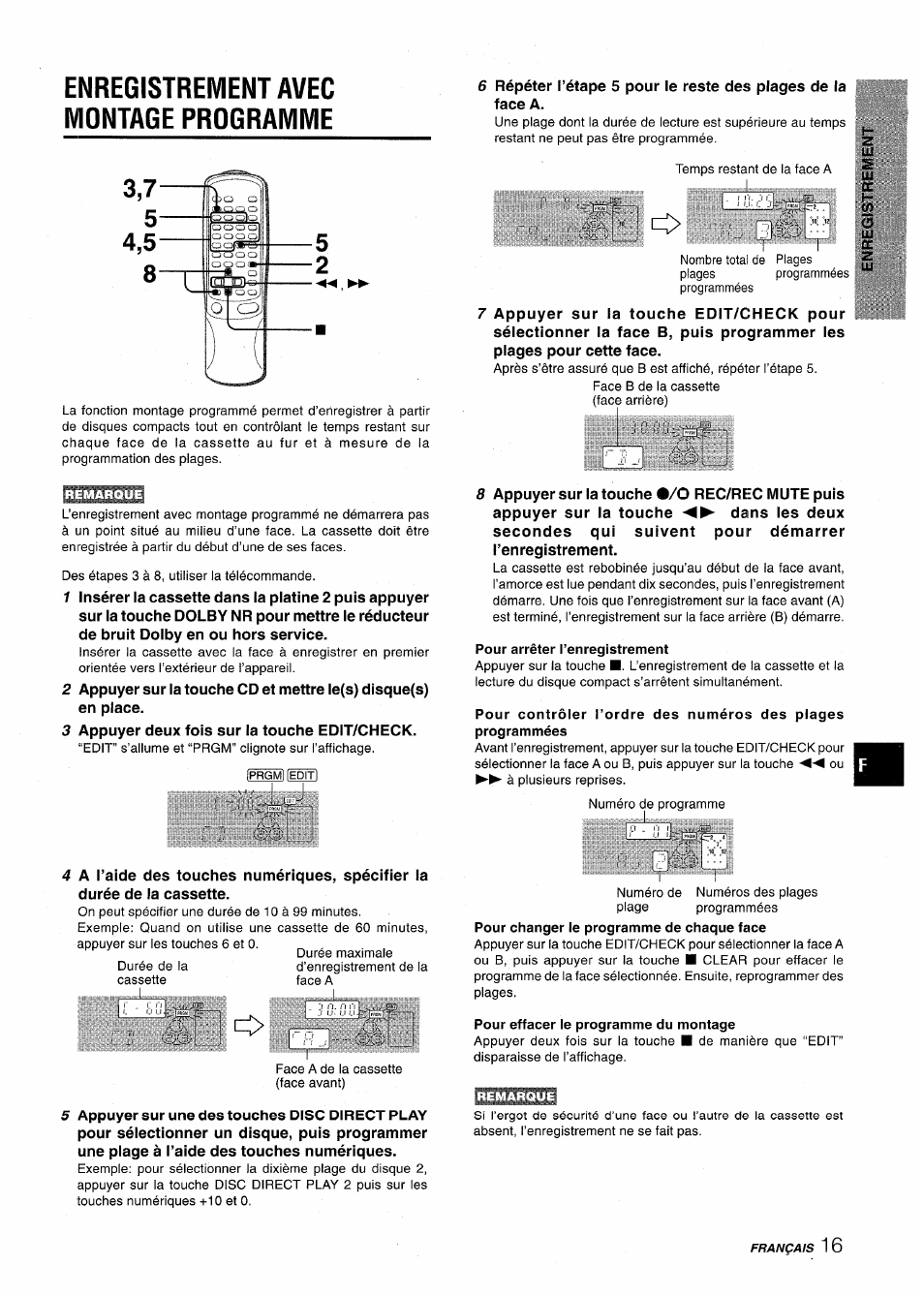 Enregistrement avec montage programme, Pour arrêter l’enregistrement, Pour effacer le programme du montage | Aiwa NSX-AV900 User Manual | Page 69 / 80