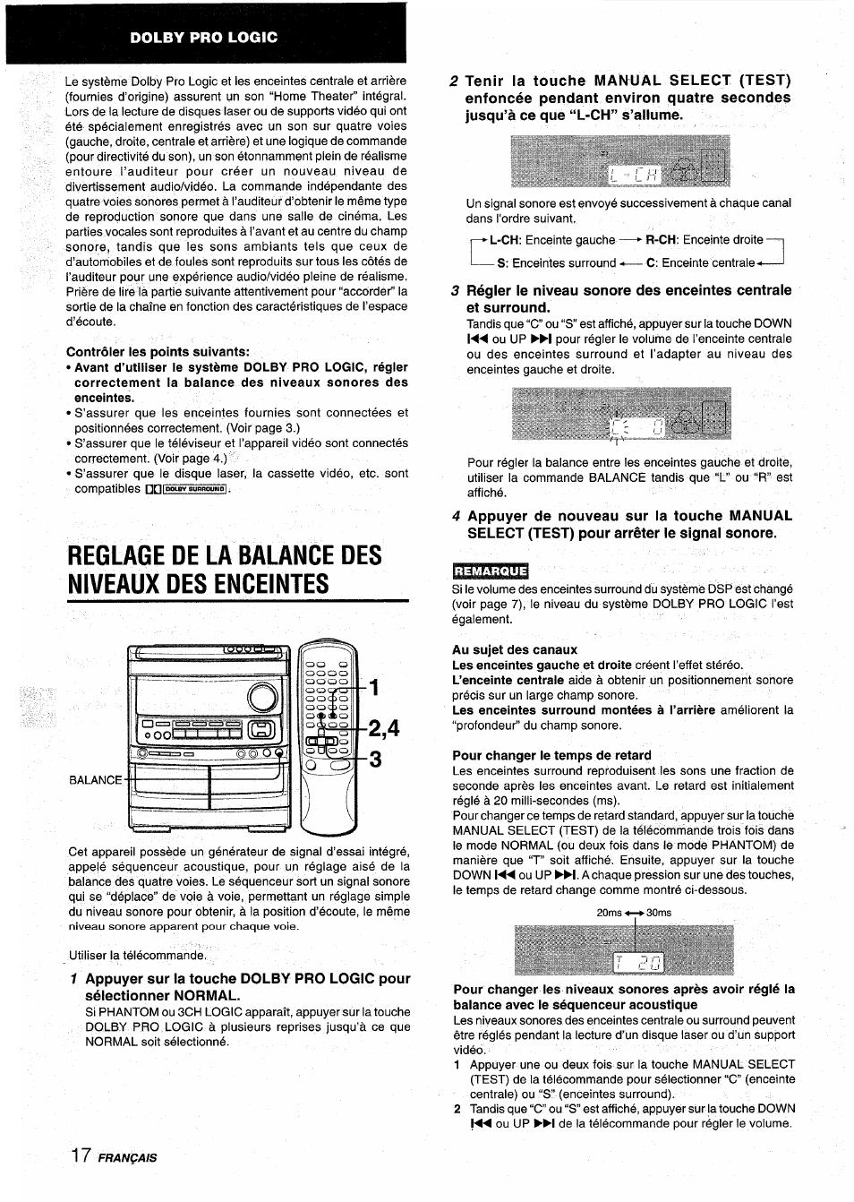 Contrôler les points suivants, Reglage de la balance des niveaux des enceintes, Au sujet des canaux | Pour changer le temps de retard | Aiwa NSX-AV900 User Manual | Page 70 / 80