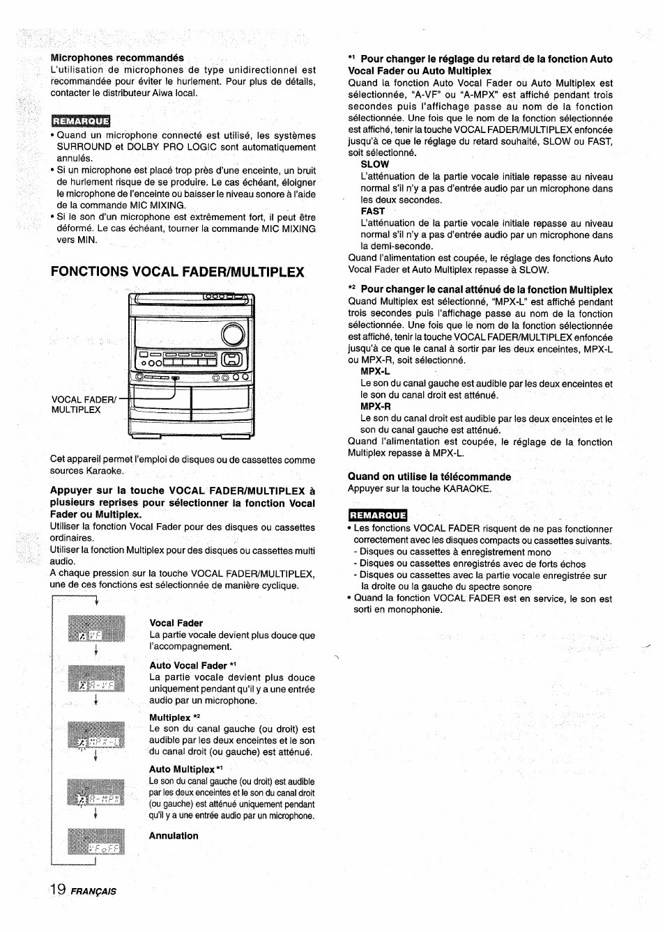 Microphones recommandés, Fonctions vocal fader/multiplex, Vocal fader | Auto vocal fader, Auto multiplex, Annulation, Mpx-l, Mpx-r, Quand on utilise la télécommande, Frvrrri | Aiwa NSX-AV900 User Manual | Page 72 / 80