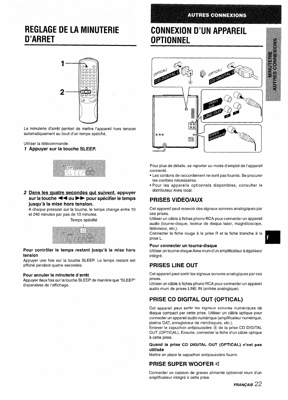 Reglage de la minuterie d’arret, 1 appuyer sur la touche sleep, Connexion d’un appareil optionnel | Prises video/aux, Prises line out, Prise cd digital out (optical), Prise super woofer | Aiwa NSX-AV900 User Manual | Page 75 / 80