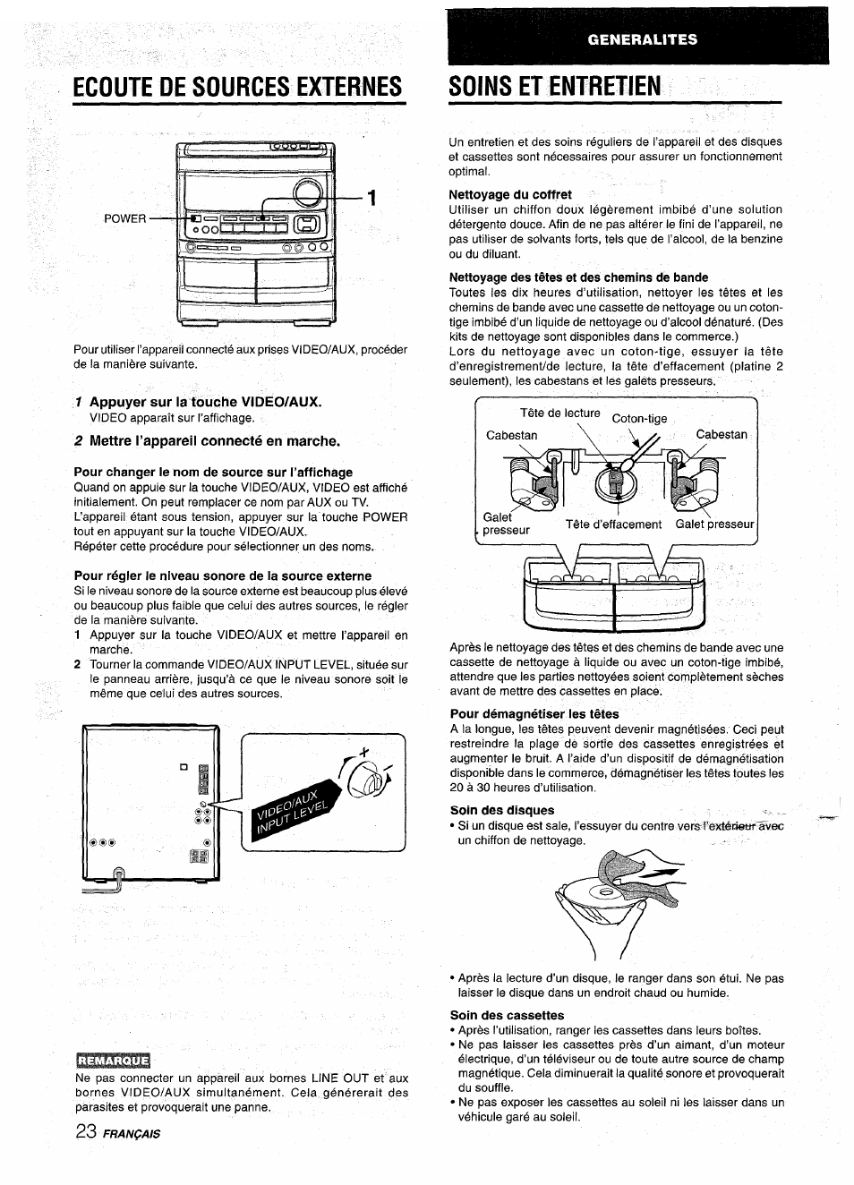 Ecoute de sources externes soins et entretien, 1 appuyer sur la touche vidëo/aux, 2 mettre l’appareil connecté en marche | Pour changer le nom de source sur l’affichage, Pour régler le niveau sonore de la source externe, Soin des cassettes | Aiwa NSX-AV900 User Manual | Page 76 / 80