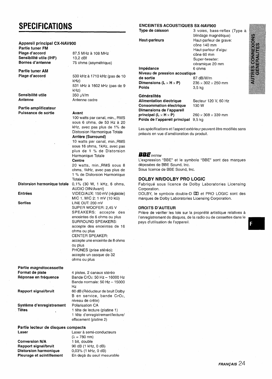 Specifications, Dolby nr/dolby pro logic, Especificaciones | Aiwa NSX-AV900 User Manual | Page 77 / 80