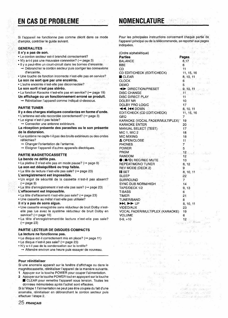 En cas de probleme, Generalites il n’y a pas de son, Partie tuner | Partie magnetocassette la bande ne défile pas, Pour réinitialiser, En cas de probleme nomenclature | Aiwa NSX-AV900 User Manual | Page 78 / 80