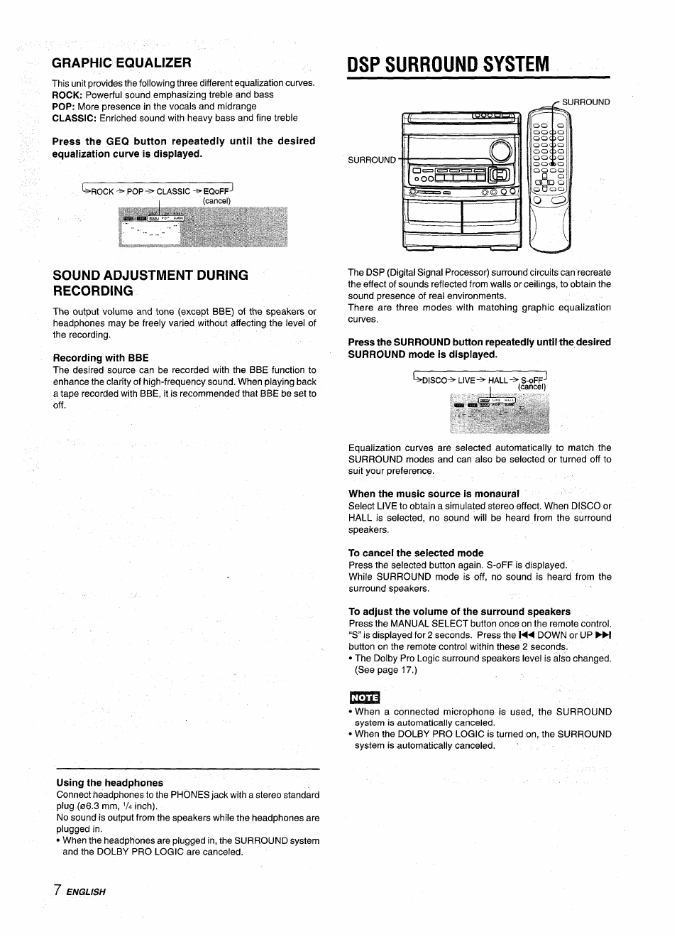 Graphic equalizer, Dsp surround system, Sound adjustment during recording | Recording with bbe, When the music source is monaural, To cancel the selected mode, To adjust the volume of the surround speakers | Aiwa NSX-AV900 User Manual | Page 8 / 80