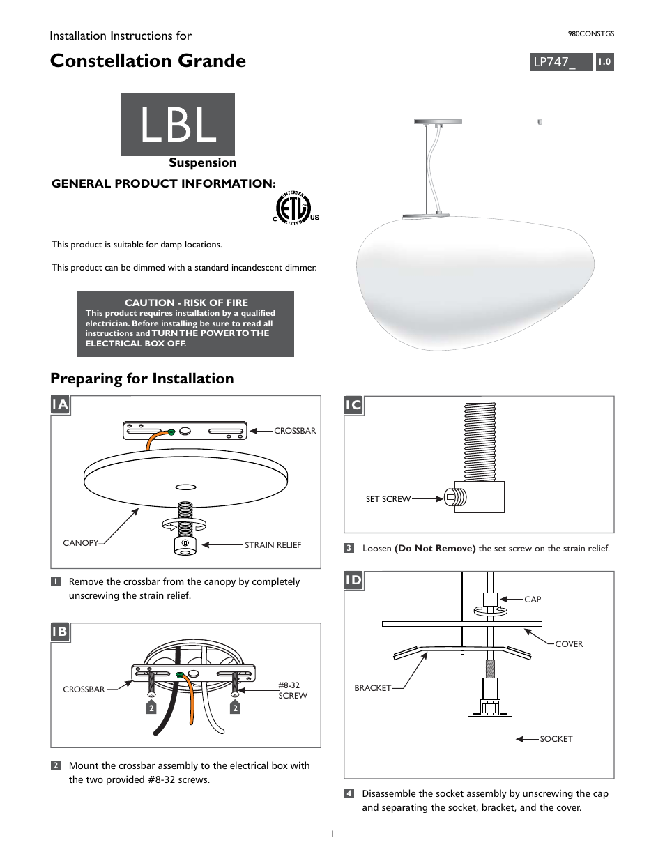 LBL Lighting Constellation Grande S User Manual | 8 pages