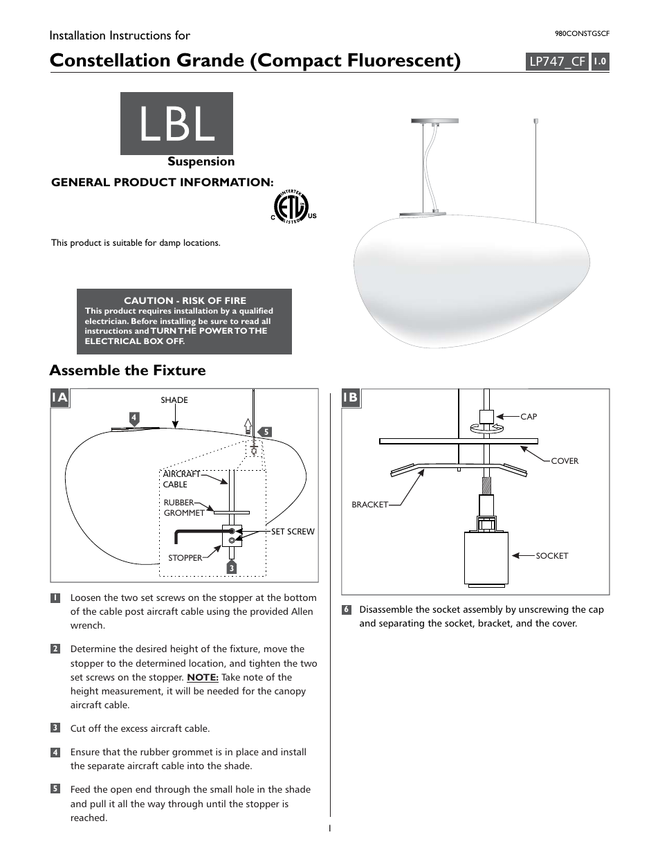 LBL Lighting Constellation Grande SCF User Manual | 8 pages