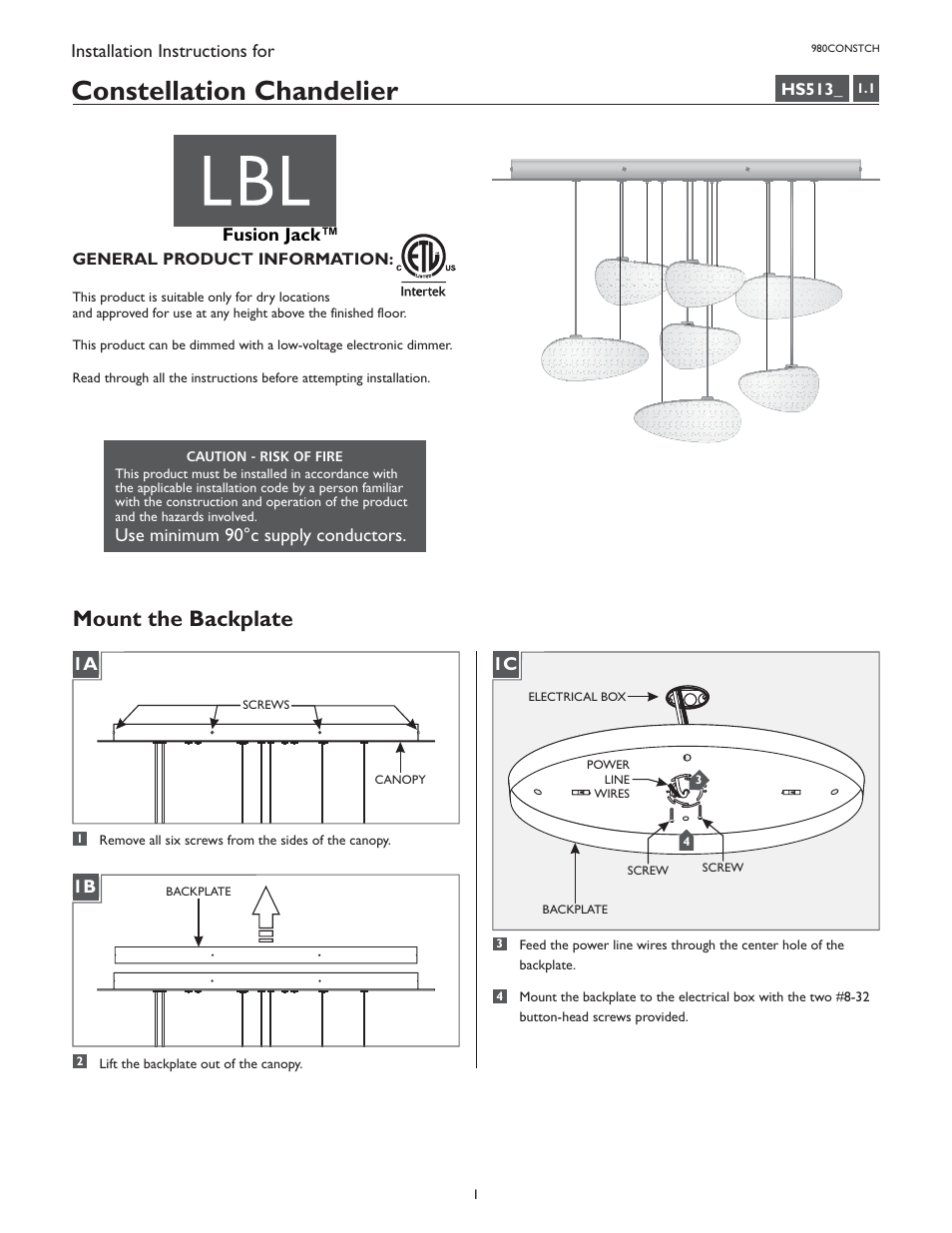 LBL Lighting Constellation Chandelier User Manual | 4 pages