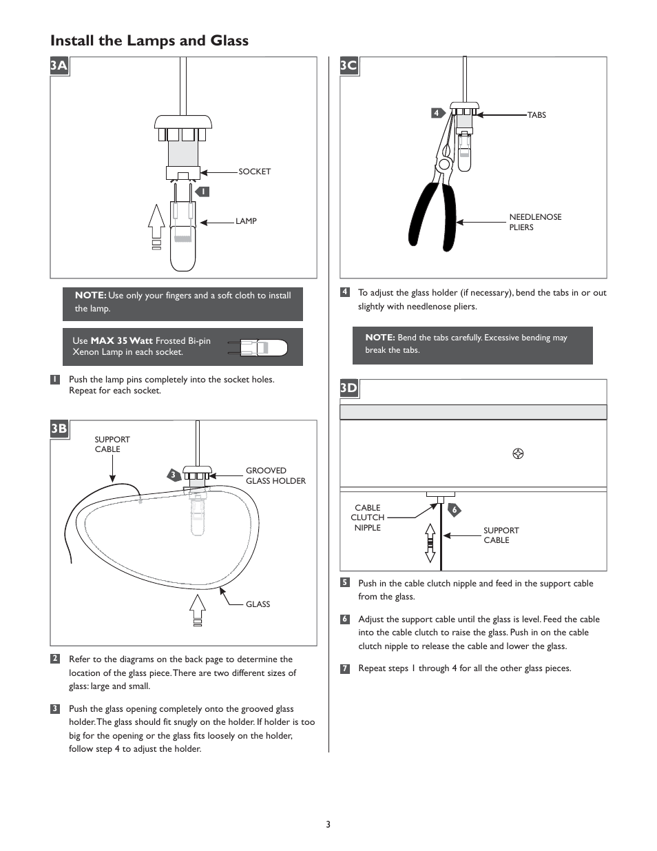 Install the lamps and glass, 3c 3d | LBL Lighting Constellation Chandelier User Manual | Page 3 / 4