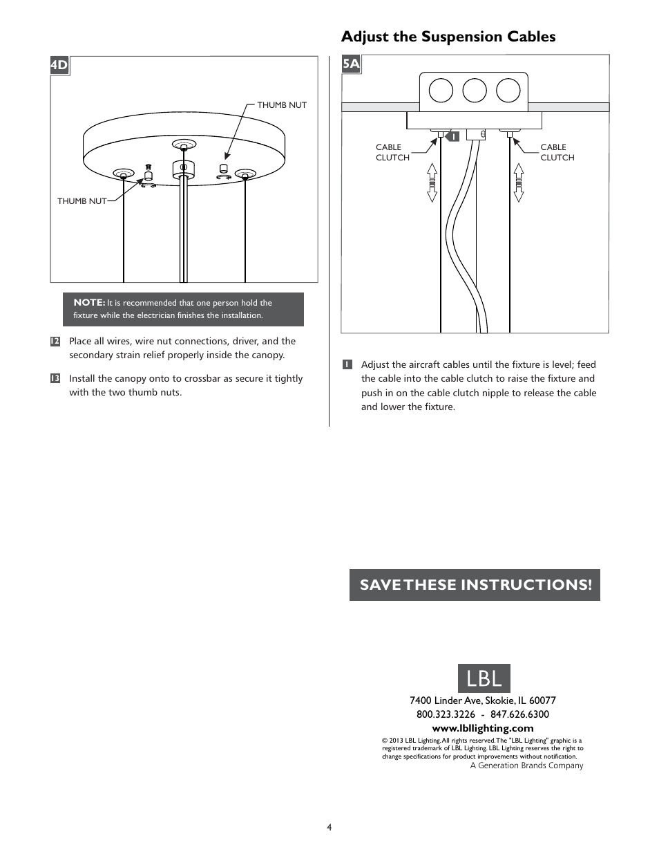 Adjust the suspension cables, Save these instructions | LBL Lighting Duke Grande User Manual | Page 4 / 4