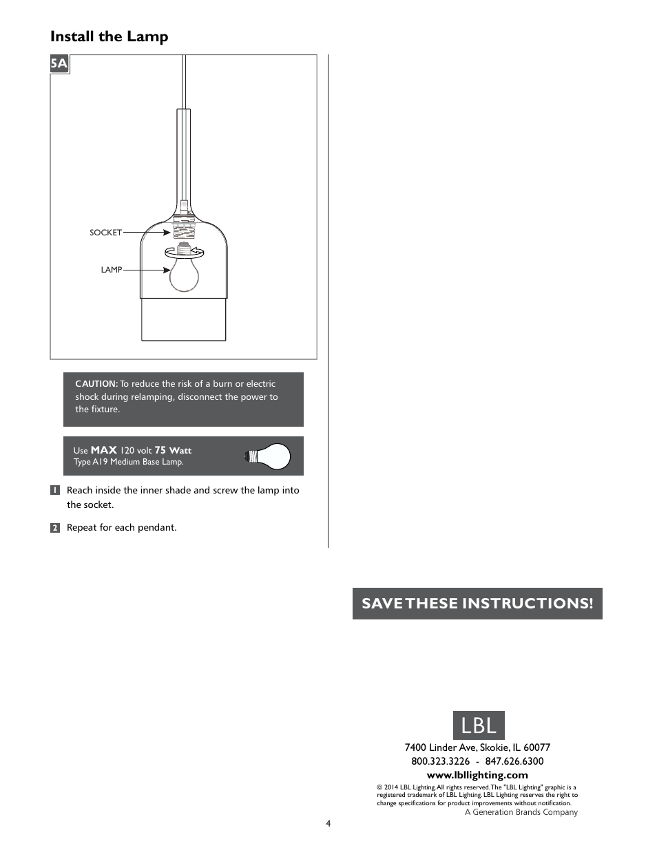 Install the lamp, Save these instructions | LBL Lighting Mezzo 3-Light S User Manual | Page 4 / 4