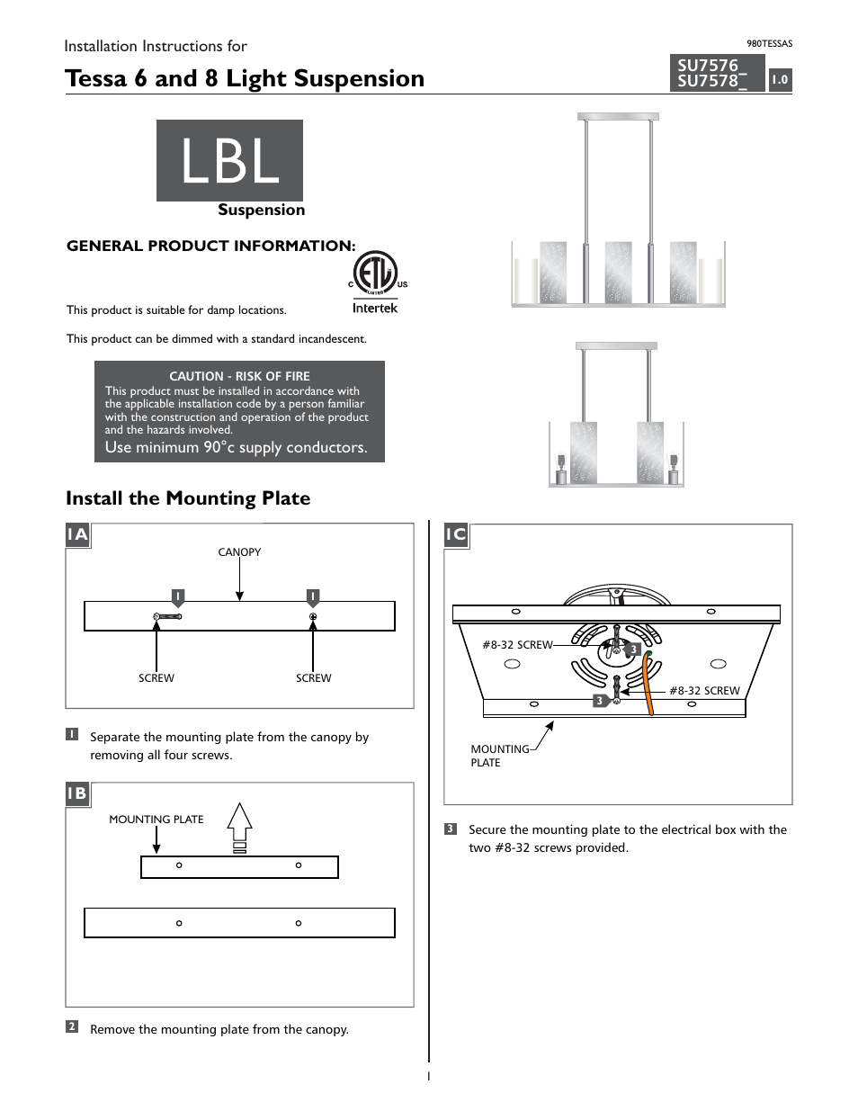 LBL Lighting Tessa 8-Light S User Manual | 4 pages