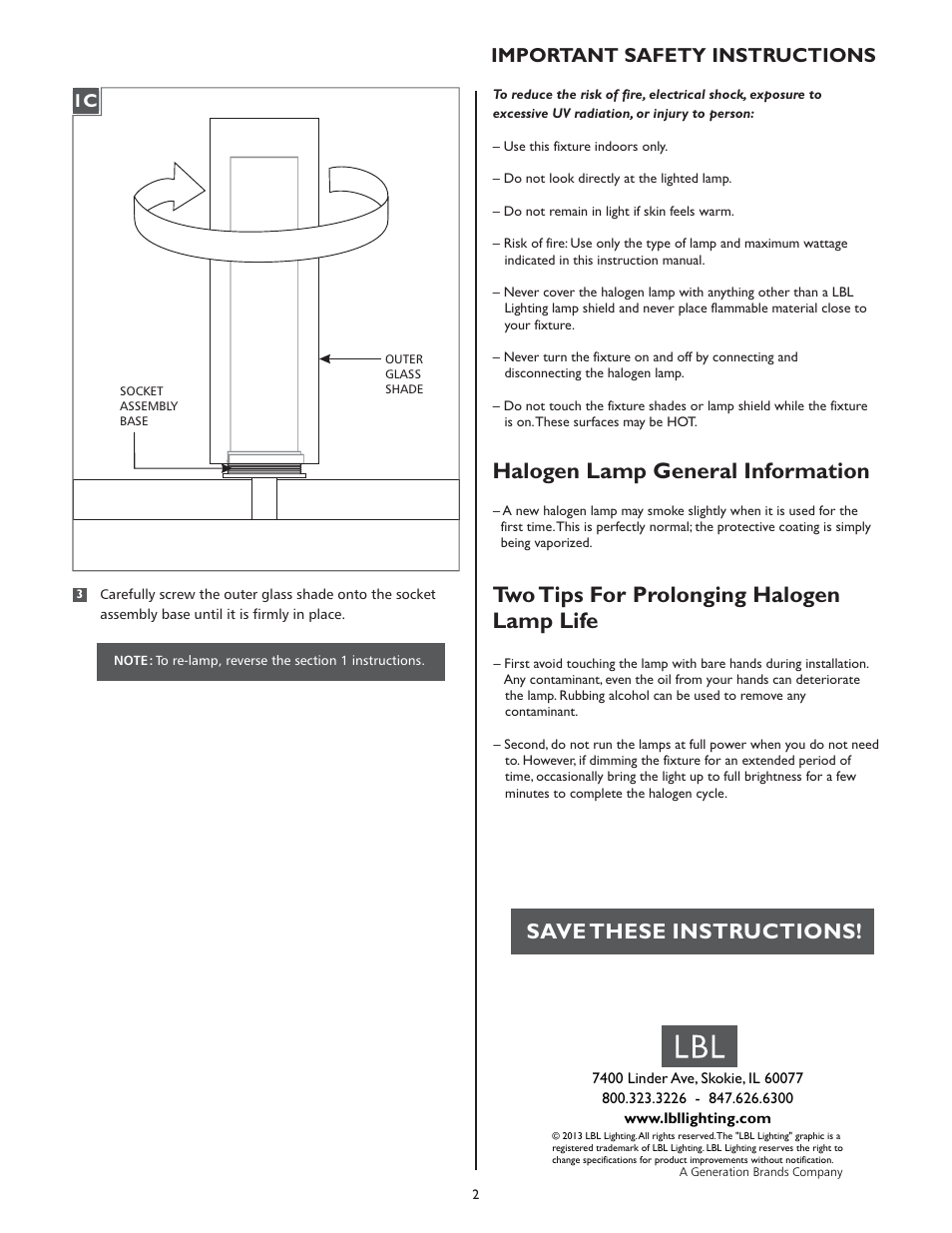 Halogen lamp general information, Two tips for prolonging halogen lamp life, Save these instructions | Important safety instructions | LBL Lighting Rock Candy 8-Light Chandelier CH User Manual | Page 2 / 2