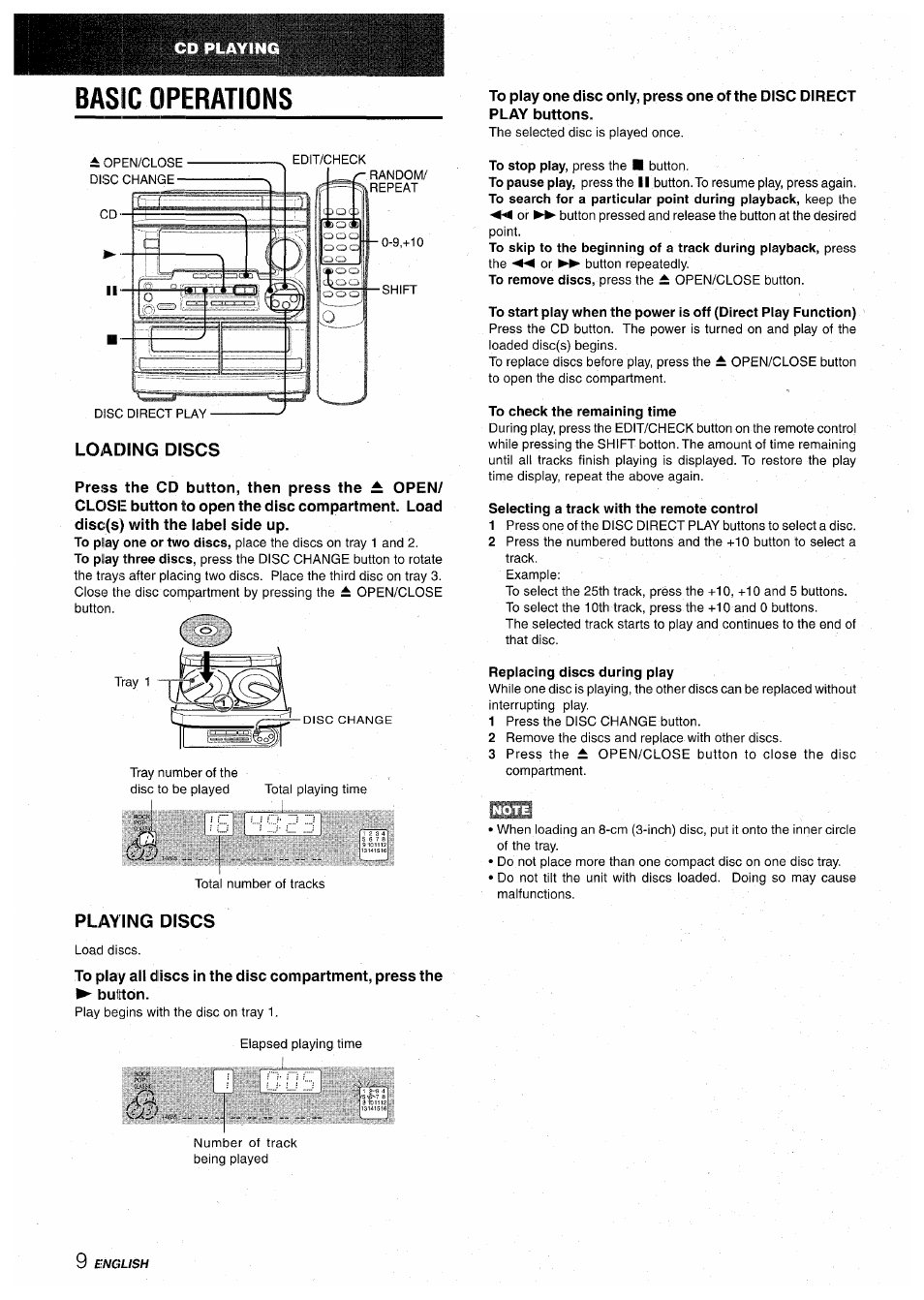 Basic operations, To check the remaining time, Selecting a track with the remote control | Replacing discs during play, Loading discs, Playing discs | Aiwa CX-NA30 User Manual | Page 10 / 68