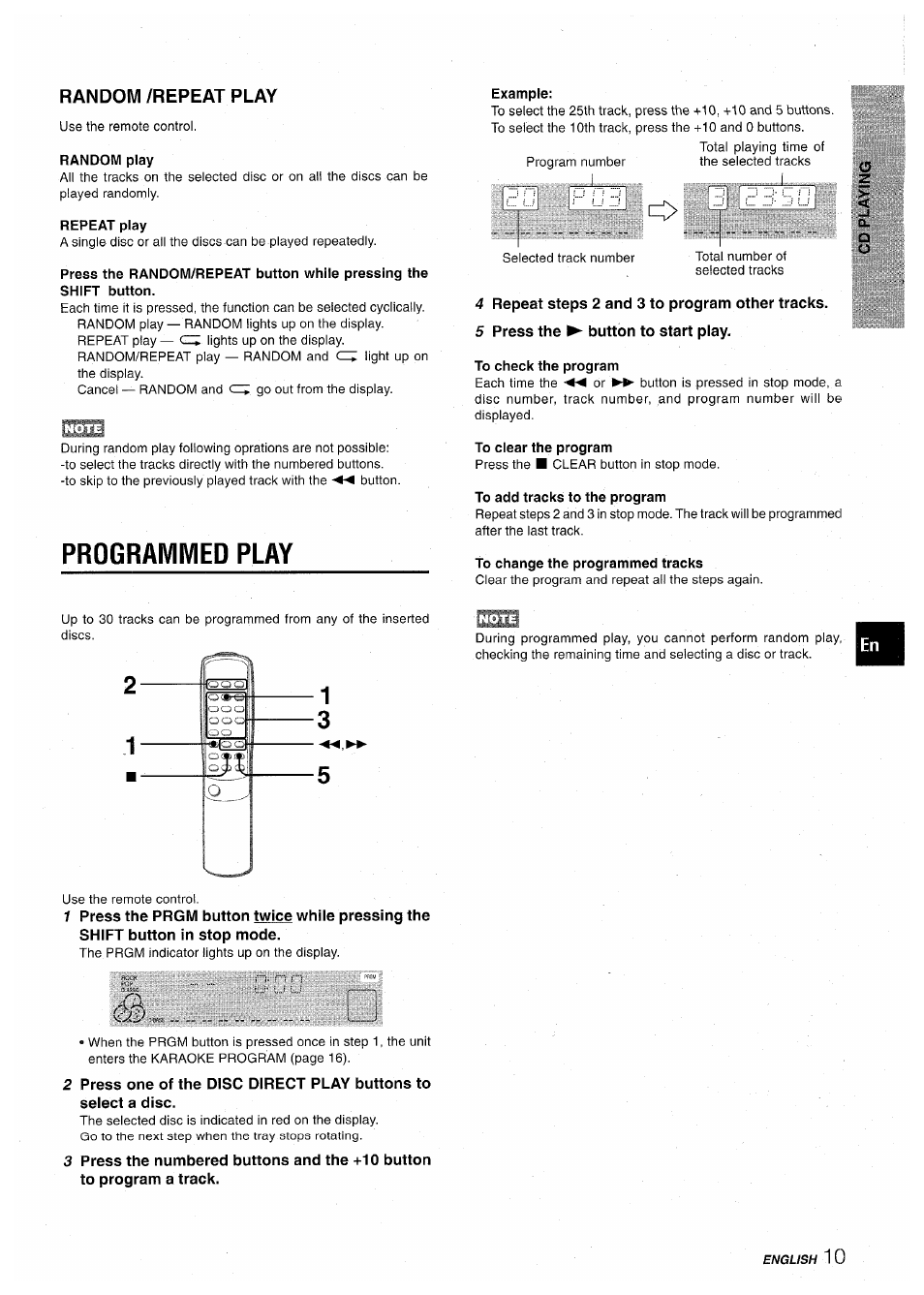 Random play, Repeat play, Programmed play | Example, 4 repeat steps 2 and 3 to program other tracks, 5 press the ► button to start play, To check the program, To clear the program, To add tracks to the program, To change the programmed tracks | Aiwa CX-NA30 User Manual | Page 11 / 68