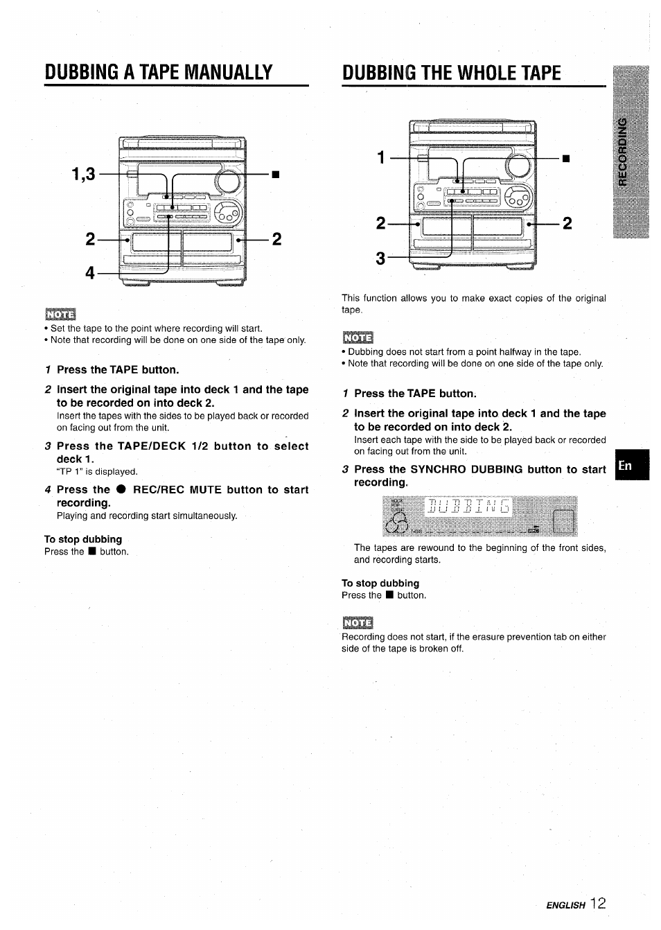 Dubbing a tape manually, Dubbing the whole tape, To stop dubbing | Dubbing a tape manually dubbing the whole tape, Oz q | Aiwa CX-NA30 User Manual | Page 13 / 68