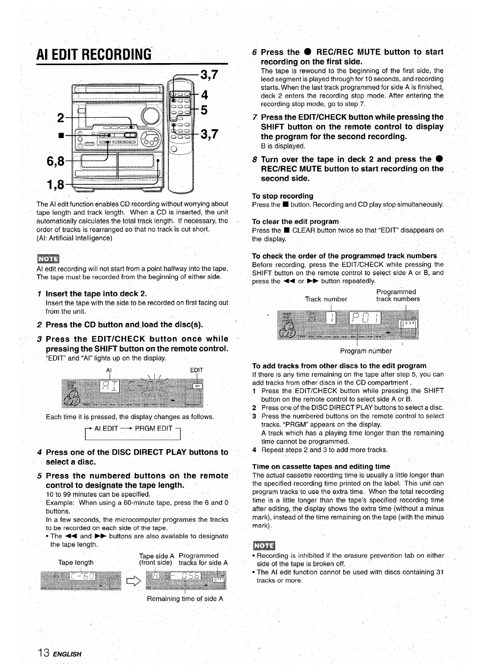 Al edit recording, To stop recording, To check the order of the programmed track numbers | To add tracks from other discs to the edit program, Time on cassette tapes and editing time | Aiwa CX-NA30 User Manual | Page 14 / 68