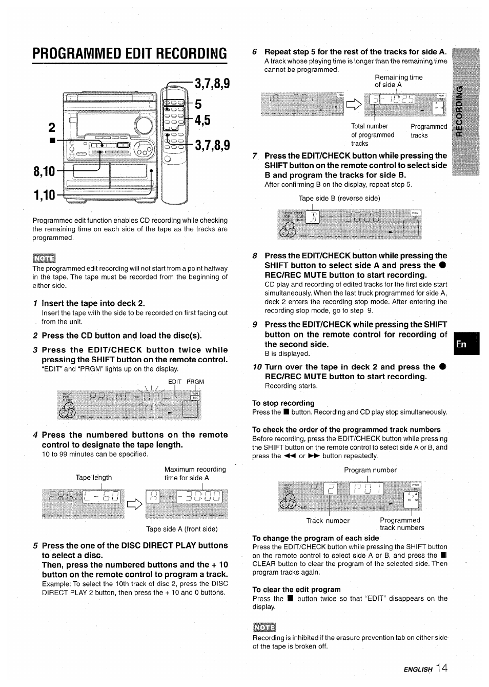 Programmed edit recording, To stop recording, To check the order of the programmed track numbers | To change the program of each side, To clear the edit program | Aiwa CX-NA30 User Manual | Page 15 / 68