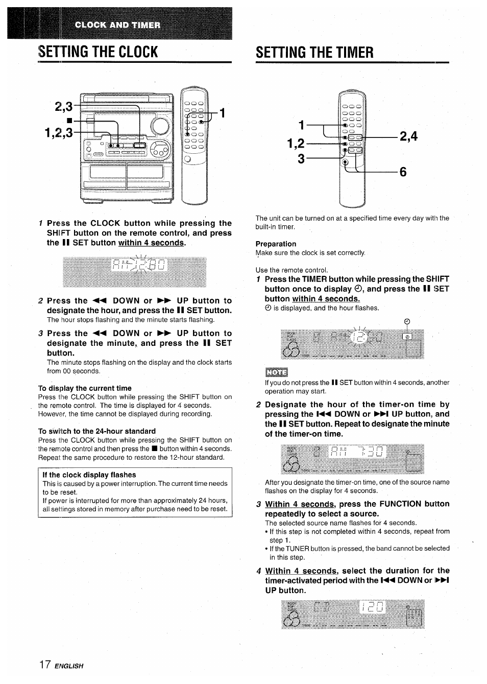 Sening the clock, Setting the timer, To display the current time | To switch to the 24-hour standard, Preparation | Aiwa CX-NA30 User Manual | Page 18 / 68