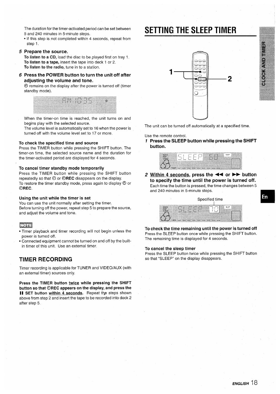 5 prepare the source, To check the specified time and source, To cancei timer standby mode temporarily | Using the unit whiie the timer is set, Sening the sleep timer, To cancel the sleep timer, Illi, Timer recording | Aiwa CX-NA30 User Manual | Page 19 / 68