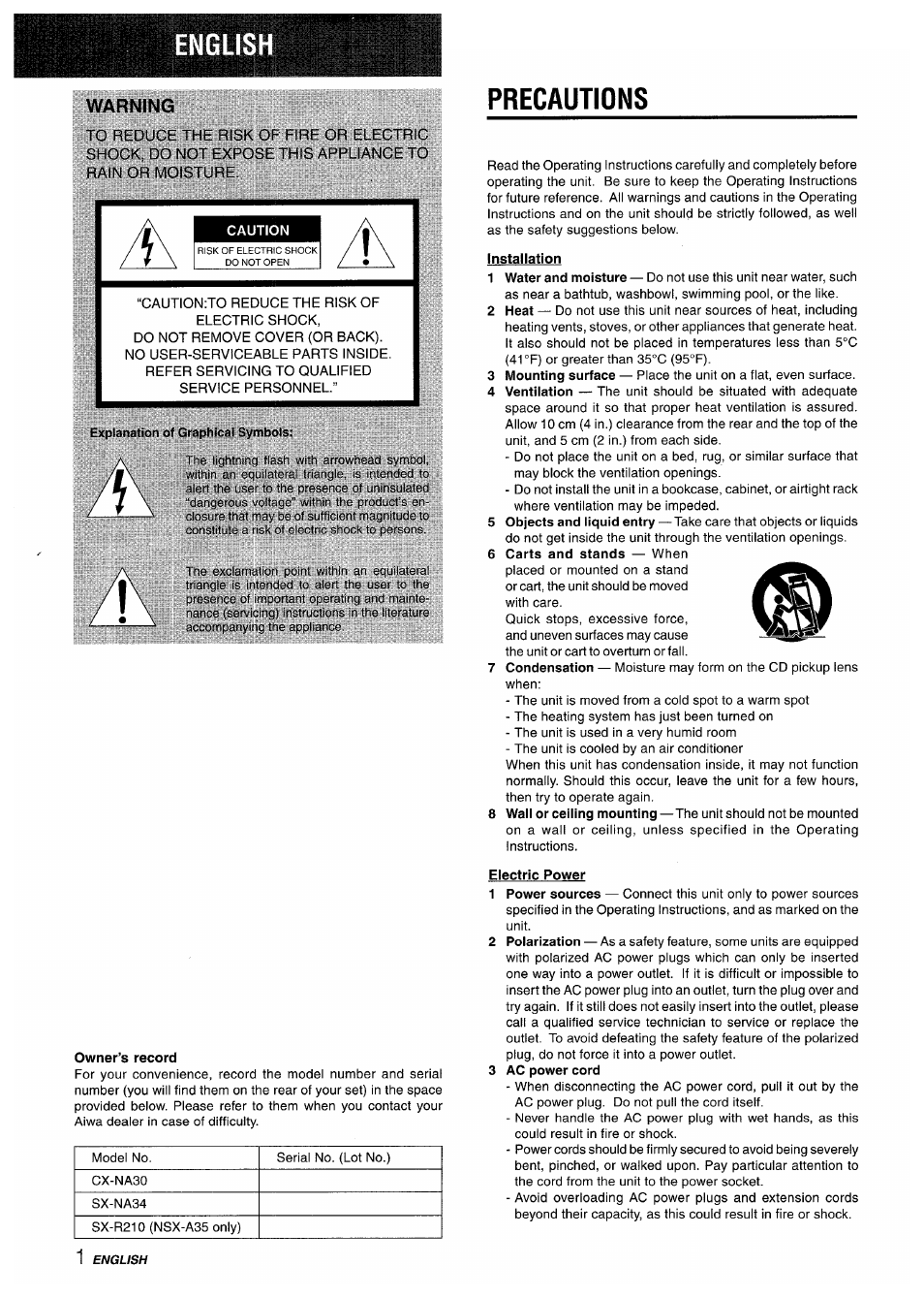 Precautions, Owner’s record, Warning | Aiwa CX-NA30 User Manual | Page 2 / 68