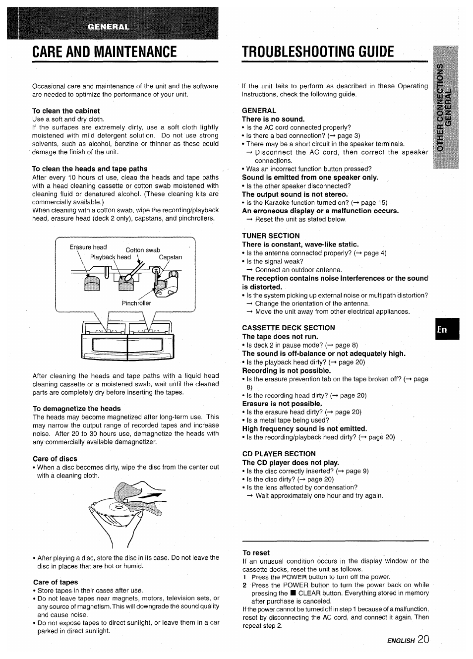 Care and maintenance, To clean the cabinet, To clean the heads and tape paths | To demagnetize the heads, Care of discs, Troubleshooting guide, General there is no sound, Tuner section, Cassette deck section the tape does not run, Cd player section the cd player does not play | Aiwa CX-NA30 User Manual | Page 21 / 68