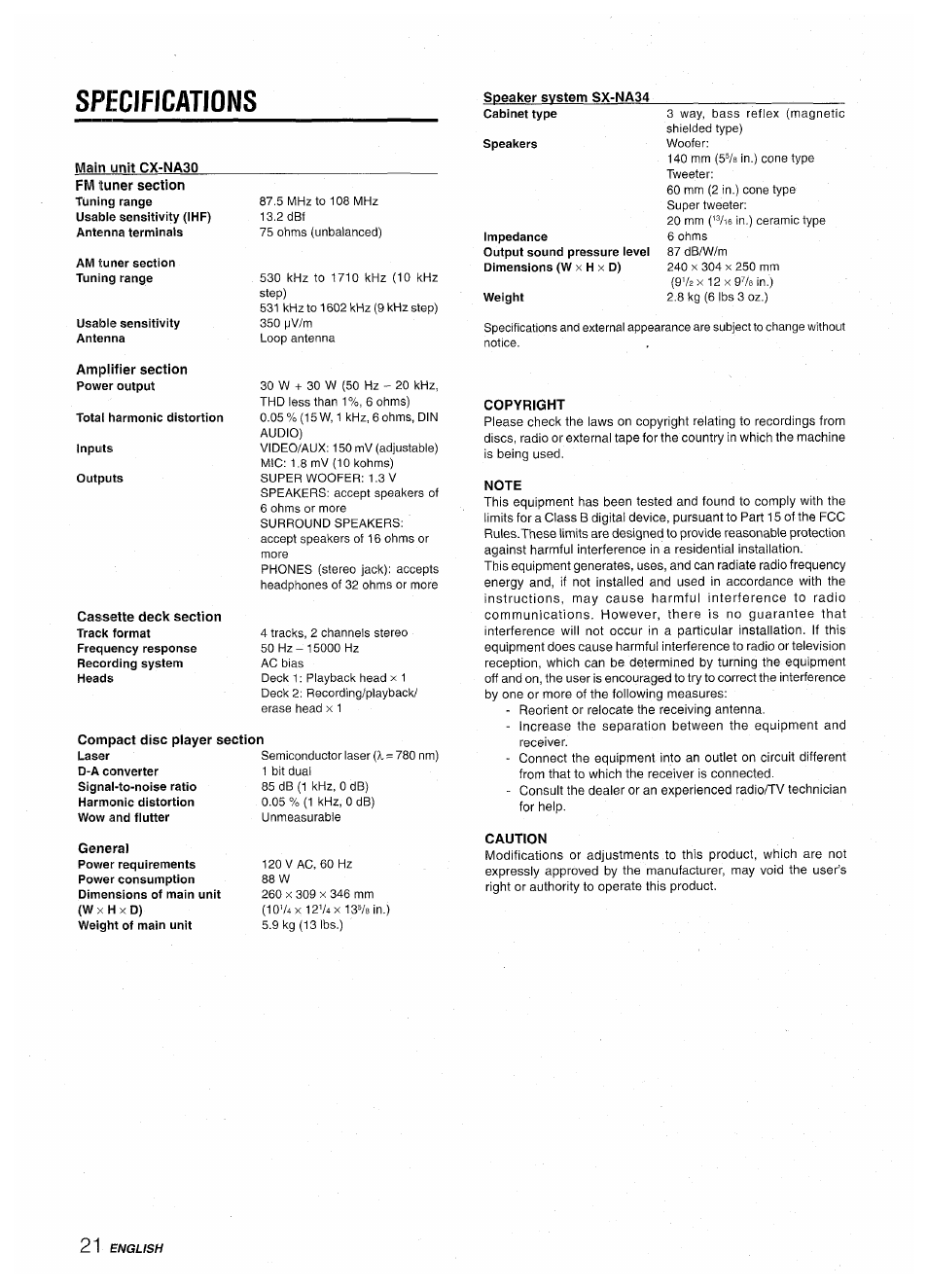 Speaker system sx-na34, Copyright, Note | Caution, Specifications | Aiwa CX-NA30 User Manual | Page 22 / 68