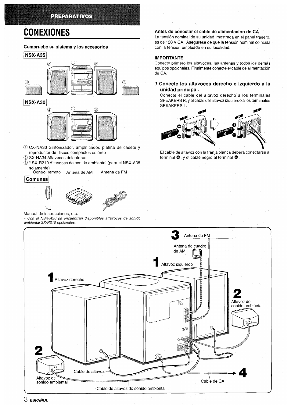 Conexiones, Compruebe su sistema y los accesorios, Antes de conectar el cable de alimentación de ca | Importante, Comunes | Aiwa CX-NA30 User Manual | Page 26 / 68