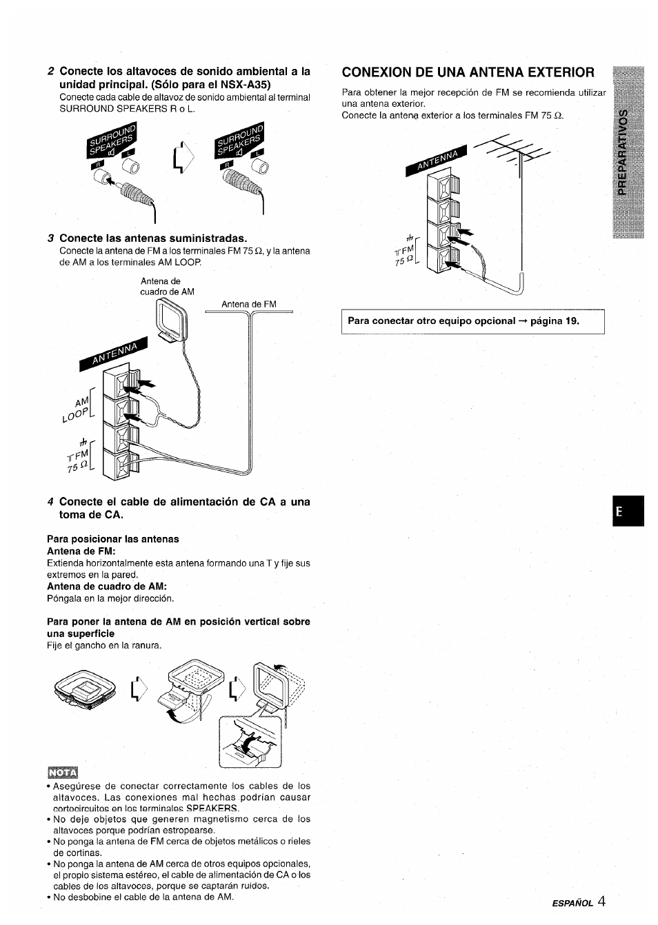 3 conecte las antenas suministradas, Para posicionar las antenas antena de fm, Conexion de una antena exterior | Aiwa CX-NA30 User Manual | Page 27 / 68