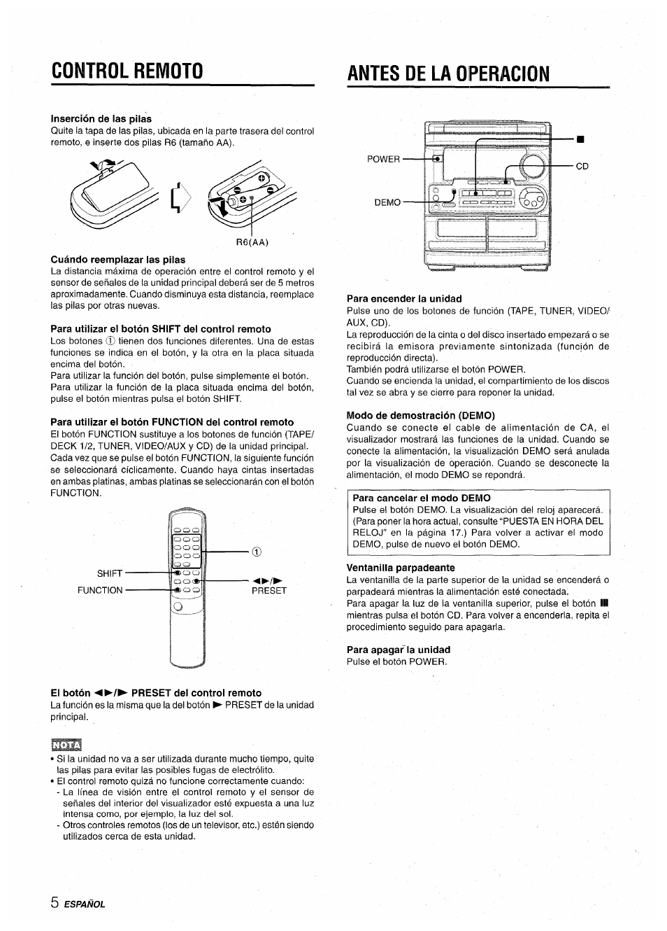 Control remoto, Antes de la operacion, Inserción de las pilas | Cuándo reemplazar las pilas, Para utilizar el botón shift del control remoto, Para utilizar el botón function del control remoto, Para encender la unidad, Modo de demostración (demo), Para cancelar el modo demo, Ventanilla parpadeante | Aiwa CX-NA30 User Manual | Page 28 / 68