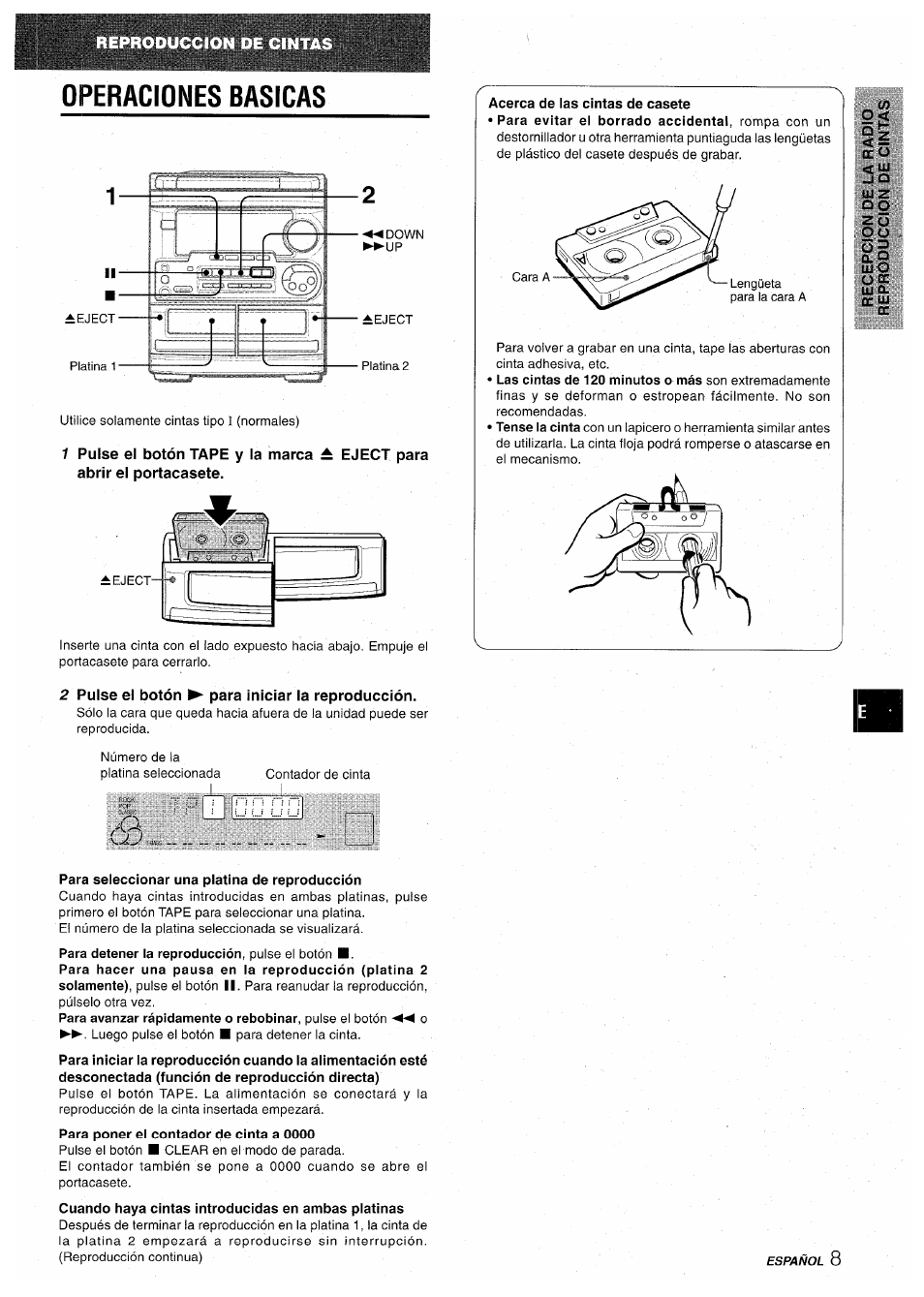 Operaciones basicas, 2 pulse el botón ^ para iniciar la reproducción, Para seleccionar una platina de reproducción | Cuando haya cintas introducidas en ambas platinas, I8 ц | Aiwa CX-NA30 User Manual | Page 31 / 68