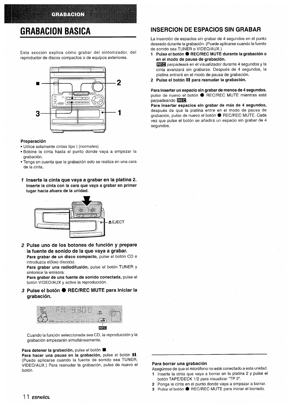 Grabacion basica, Preparación, Insercion de espacios sin grabar | Aiwa CX-NA30 User Manual | Page 34 / 68