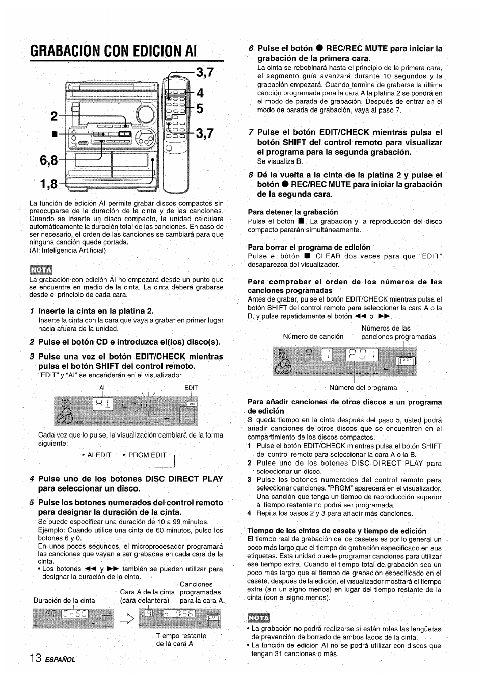 Grabacion con edicion al, Para detener la grabación, Para borrar el programa de edición | Tiempo de ias cintas de casete y tiempo de edición | Aiwa CX-NA30 User Manual | Page 36 / 68