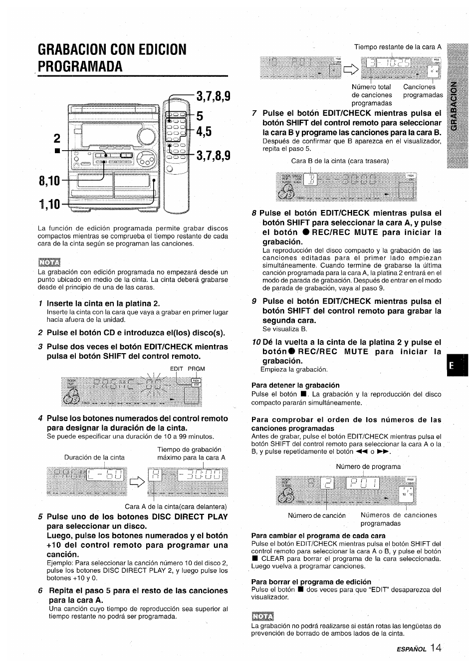 Grabacion con edicion programada, Para detener la grabación, Para borrar el programa de edición | Aiwa CX-NA30 User Manual | Page 37 / 68