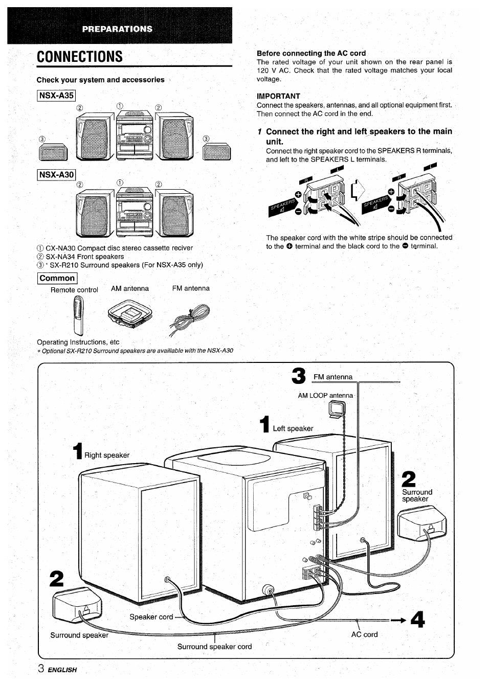 Connections, Before connecting the ac cord, Important y | Common | Aiwa CX-NA30 User Manual | Page 4 / 68