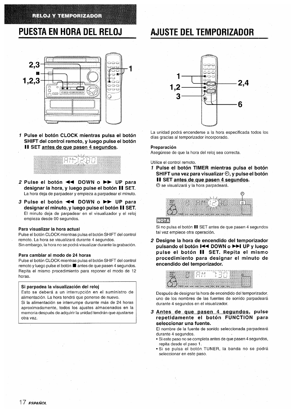 Puesta en hora del reloj, Ajuste del temporizador, Para visualizar la hora actual | Para cambiar al modo de 24 horas, Preparación, Puesta en hora del reloj ajuste del temporizador | Aiwa CX-NA30 User Manual | Page 40 / 68