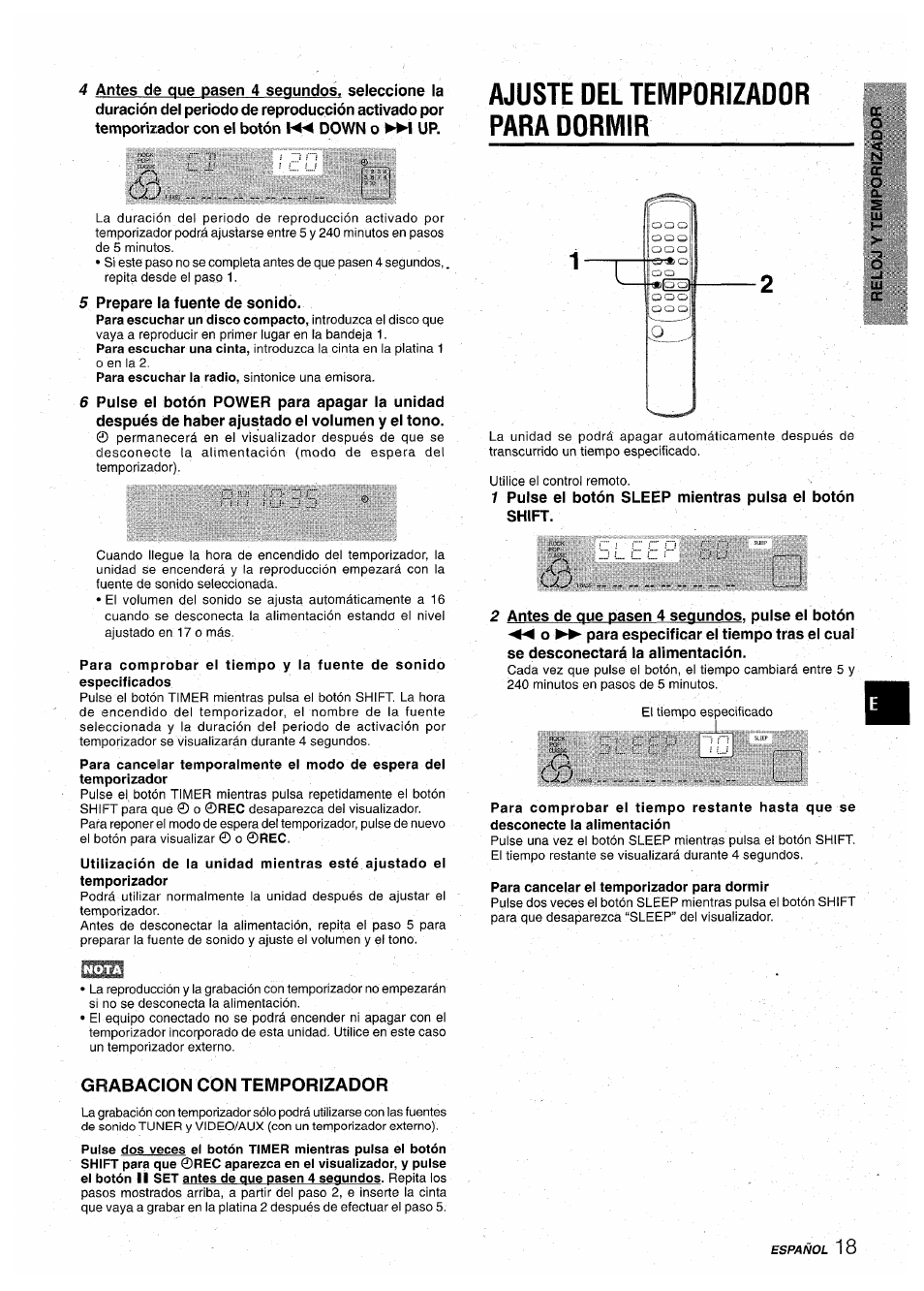 Ajuste del temporizador para dormir, Para cancelar el temporizador para dormir, Grabacion con temporizador | Aiwa CX-NA30 User Manual | Page 41 / 68