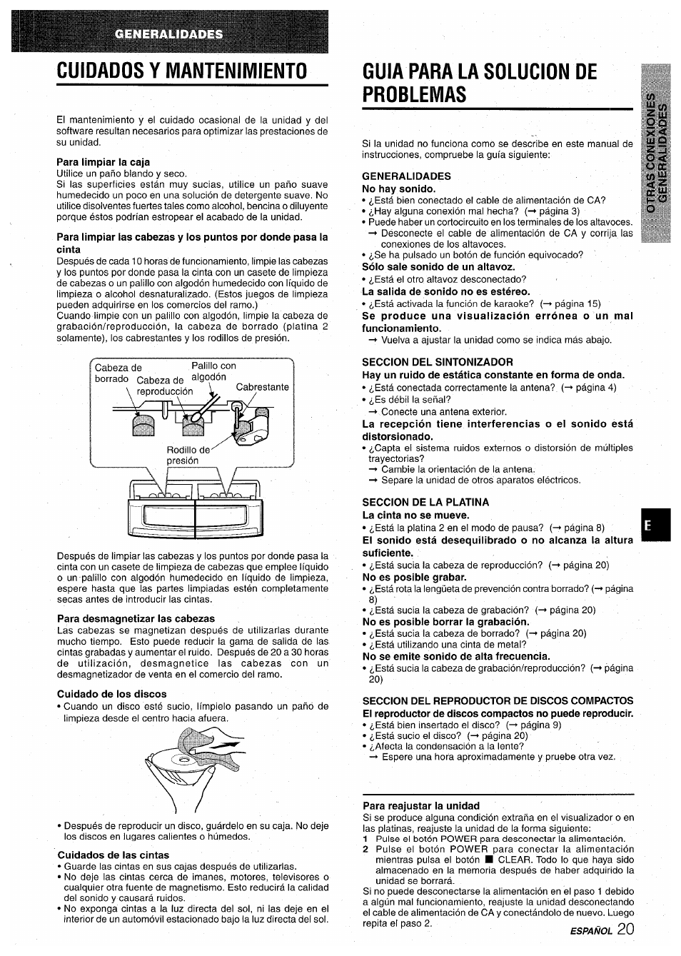 Cuidados y mantenimiento, Para limpiar ia caja, Cuidado de los discos | Cuidados de las cintas, Guia para la sdlucidn de problemas, Generalidades no hay sonido, Seccion del sintonizador, Seccion de la platina la cinta no se mueve, Para reajustar la unidad | Aiwa CX-NA30 User Manual | Page 43 / 68