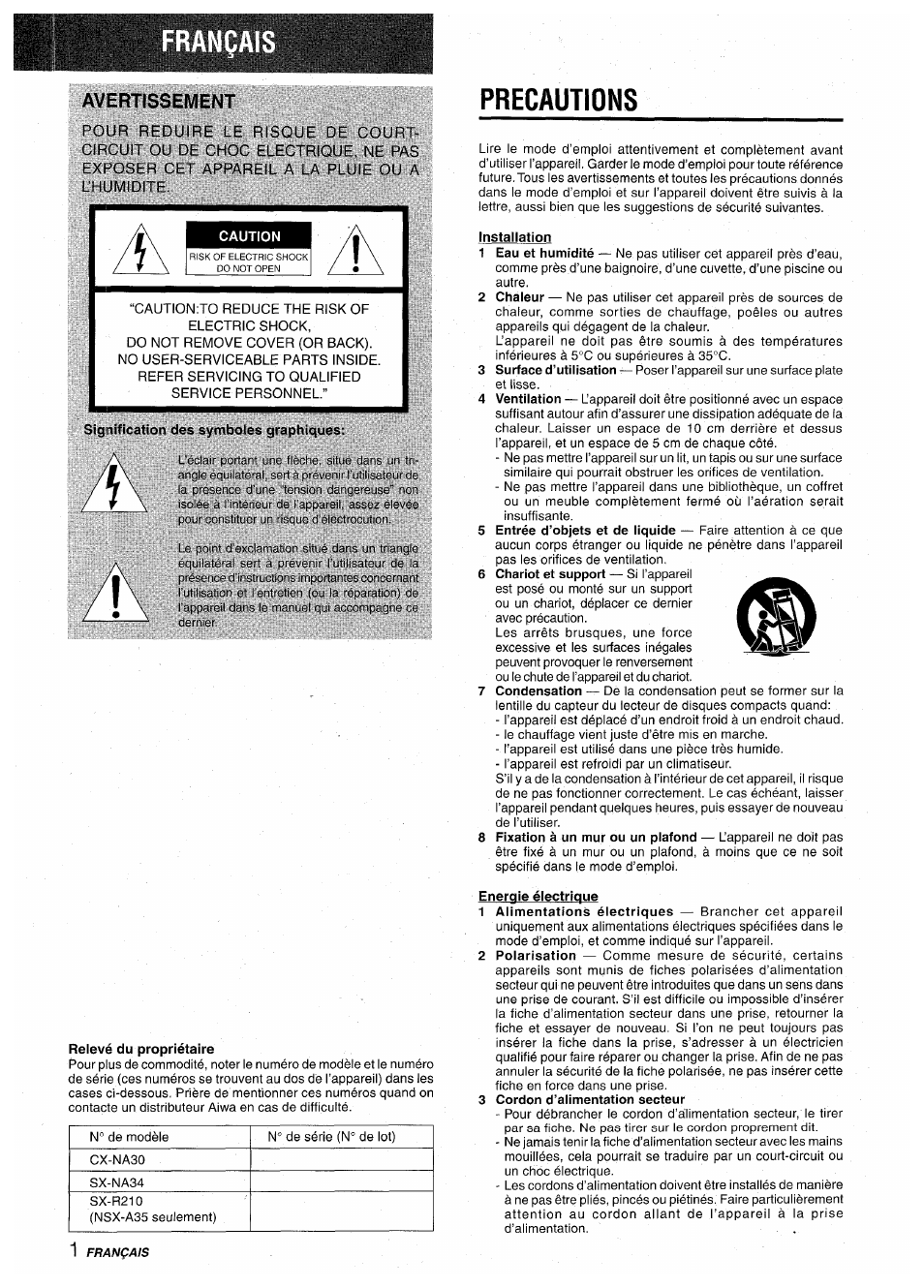 Precautions, Avertissement | Aiwa CX-NA30 User Manual | Page 46 / 68